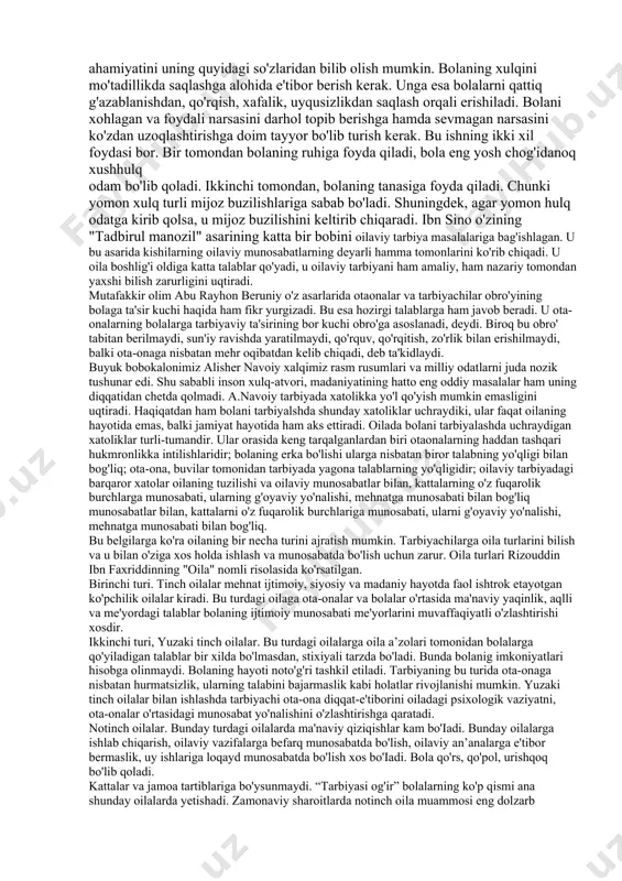 olish maqsadida respublikamizning barcha hududlarida homilador ayollar va chaqaloqlarni skrining ko'rigidan o'tkazish yo'lga qo'yildi. · bolalar organizmida yod tanqisligi oqibatida kelib chiqadigan kasalliklarni oldini olish bo'yicha chora-tadbirlar ishlab chiqildi va amalga oshirilmoqda. respublikada yosh avlodni ma'naviy jihatdan barkamol qilib voyaga yetkazish maqsadida turli mazmunlarda ko'riktanlovlar o'tkazilib kelinmoqda. birinchi chaqiriq o'zbekiston respublikasi oliy majlisining xi sessiyasida qabul qilingan “oila kodeksi” sharqona va umuminsoniy axloq normalari mushtarakligida shakllangan, farovon oilalarning manfaatlarini ta'minlashda muhim huquqiy poydevor bo'ladi. konstitutsiyaga binoan, "onalik va bolalik davlat tomonidan muhofaza qilinadi (65-modda). bolaga oilada yaxshi tarbiya berish bola hayotining dastlabki davrlaridan boshlaboq, ota-ona oldida turgan asosiy maqsad va vazifalardir. ya'ni ota-ona uchun ham qarz, ham farzdir, oila bolaga ta'sir ko'rsatadi, uni atrofidagi hayotga moslaydi. jamiyatda esa tarbiya faqat ota-onaning shaxsiy ishigina bo'lib qolmasdan, balki ularning ijtimoiy burchi hamdir. ma’lumki shaxsning qadriyati uning jamiyatdagi tutgan o'rni bilan belgilanib, ko'p jihatdan uning tarbiyasiga bog'liq bo'ladi. shu sababli ota-ona o'z bolalarining …