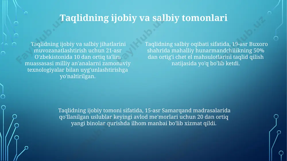 . taqlidning ijtimoiy ta'siri 2010 yildan keyin toshkentda o'tkazilgan ijtimoiy so'rovnomalar ko'rsatdiki, 30%dan ortiq odam modaga ergashish maqsadida 200 aqsh dollaridan ortiq mablag' sarflaydi, bu esa ijtimoiy tengsizlikni kuchaytiradi. taqlidning ijtimoiy ta'siri samarqanddagi 2020 yilgi tadqiqotlariga ko'ra, 15-25 yoshdagi yoshlarning 70%i ommaviy axborot vositalarining ta'siriga tushib, turmush tarzini taqlid qiladi. farg'ona vodiysida o'tkazilgan kuzatuvlar shuni ko'rsatdiki, 50 dan ortiq qishloqlarda 80% aholi turmush tarzini shahar aholisiga taqlid qilish orqali o'zgartirmoqda, bu esa an'anaviy qadriyatlarning yo'qolishiga olib kelmoqda. kelajakda ravish, aldash va taqlid o'zbekistonning 2030-yilgi kiberxavfsizlik strategiyasi hisobotiga ko'ra, aldash va taqlid qilish usullarining rivojlanishi natijasida, davlat muassasalariga qarshi kiberhujumlar soni 2 barobar ortishi mumkin, bu esa milliy xavfsizlikka tahdid soladi. 2025-yildan keyin, kiberjinoyatchilarning 45%i taqlid qilish texnologiyalaridan foydalanib, shaxsiy ma'lumotlarni o'g'irlash va moliyaviy firibgarliklarni amalga oshirish uchun algoritmlar va murakkab dasturlarni qo'llaydilar, bu esa jahon bankining hisob-kitoblariga ko'ra katta moliyaviy zararlarga olib keladi. kelajakda, sun'iy intellektning rivojlanishi tufayli, 2040-yilga borib, …