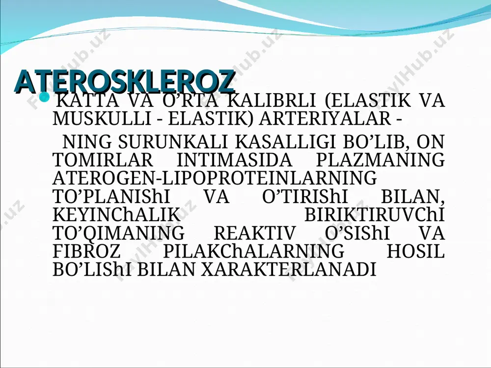 ha epigastriya soxasida, xazm qilish davrida 1-3 soat davomida) og’riqlar nitroglitserin bilan bosiladi og’riqlar qorin dam bo’lishi, qabziyat va kekirish bilan kechadi kuniga 2-3 marta qo’llansa xidli ich ketishi yurak sohasida reflektor og’riqlar, yurak tez urishi, yurak o’ynashi hansirash ob'ektiv:meteorizm,peristal'tika susayishi, epigastriyada sistolik shovqin asta - sekinlik bilan suvsiz lanish, teri turgorining pasayishi, ozib ketish iv buyrak arteriyalari aterosklerozi vazorenal simptomatik arterial gipertenziya peshobda oqsil, eritrotsitlar, silindrlar arterial gipertenziyaning avj olishi buyrak arteriyalari ustida sistolik shovqin v oyoq arteriyalarining obliteratsiyalovchi aterosklerozi sub'ektiv: boldir mushaklarida bo’shashish, tez charchash, vaqti-vaqti bilan oqsoqlanish, uvishish oyoqlar oqarishi, trofikasining buzilishi oyoq panjasi sohasida yirik arteriyalarda pul'satsiyaning yo’qligi yoki susayishi lerish sindromi ateroskleroz asoratlari barcha o’lim holatlarining 1/2 qismini va 35-60 yoshli kishilar o’rtasidagi o’lim holatining 1/3 qismi stenokardiya miokard infarkti simptomatik vazorenal ag yurak yetishmovchiligi insul't yurak ritmi buzilishi surunkali buyrak yetishmovchiligi aortaning qavatlanuvchi anevrizmasi arterial tromboz va emboliya qo’qqisdan o’lim tekshiruv rejasi umumiy qon …