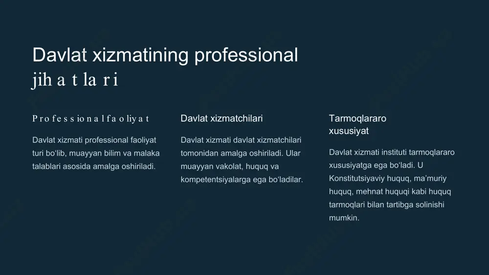 huvlar joriy etilmoqda. samaradorlik davlat xizmati tizimining samaradorligini oshirish ustuvor vazifa hisoblanadi. shaffoflik davlat xizmatida shaffoflik va hisobdorlikni taʼminlash boʻyicha ishlar davom ettirilmoqda. fuqarolar manfaati davlat xizmatini fuqarolar manfaatlariga yanada moslashtirishga eʼtibor qaratilmoqda. davlat f u q a r o lik x iz m a t i 2022-yil 2-martda "davlat fuqarolik xizmati to'g'risida"gi qonun qabul qilindi. bu qonun davlat fuqarolik xizmatining asosiy huquqiy asosini belgilaydi. by g'ulomjon xakimov davlat fuqarolik x iz m a t in in g t a 'r if i t a 'r if davlat xizmatining bir turi bo'lib, fuqarolarning davlat organlari vakolatlarini ta'minlashga oid faoliyatidir. xususiyati haq to'lanadigan kasbiy faoliyat. subyektlar o'zbekiston respublikasi fuqarolari. davlat fuqarolik xizmatini t a k o m illa s h t ir is h 1 m e r it o k r a t iy a eng munosib va qobiliyatli shaxslarni davlat xizmatiga qabul qilish. 2 karera modeli xizmat karеrasining bosqichma-bosqich …