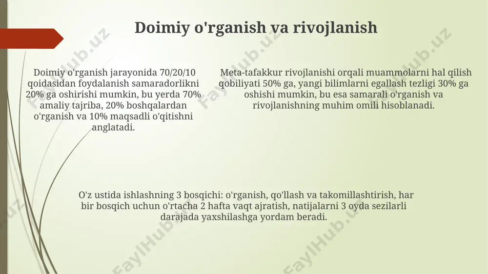 tayyor bo'lgan g'oyalarni baholash va takomillashtirishga qaratilgan bo'lsa, "miya hujumi" esa yangi g'oyalarni yaratishga, miqdoriy yondashuvni qo'llagan holda 50 dan ortiq variantni ishlab chiqishga qaratilgan. "miya hujumi" sezgi va kreativlikka tayanadi, natijada sifati kamroq bo'lishi mumkin bo'lgan ko'p g'oyalar hosil bo'ladi (masalan, 100 ta fikr); "fikr almashish" esa kamroq lekin sifatli g'oyalarni tanlash va rivojlantirishga qaratilgan (masalan, 5 ta eng yaxshi g'oya). "miya hujumi" sezgi va kreativlikka tayanadi, natijada sifati kamroq bo'lishi mumkin bo'lgan ko'p g'oyalar hosil bo'ladi (masalan, 100 ta fikr); "fikr almashish" esa kamroq lekin sifatli g'oyalarni tanlash va rivojlantirishga qaratilgan (masalan, 5 ta eng yaxshi g'oya). rejalashtirish va strategiya ishlab chiqish rejalashtirish jarayonida 5w2h usulini qo‘llash, aniq maqsadlarni belgilash va ularga erishish uchun 3 ta asosiy bosqichga bo‘lish samaradorlikni 20% ga oshirishi mumkin. xatarlarni baholash matritsasidan foydalanib, 10 ta potentsial xavfni aniqlash va ularga qarshi 5 ta strategik chora-tadbirlarni ishlab chiqish loyihaning muvaffaqiyatini ta’minlashda muhim ahamiyatga ega. …