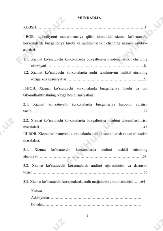 o’rniga xalqaro standartlarga mos demokratik huquqiy davlat barpo etish modeli tanlab olindi. o’tish davri sharoitida huquqiy asoslarni shakllantirish, islohotlarning qonuniy-huquqiy bazasini mustahkamlash va rivojlantirish vazifasi qo’yildi. shuningdek , davlat mulkiga asoslangan mulkchilik shaklini isloh qilish hisobiga ko’p ukladli iqtisodiyot yaratish masalasi ustuvor yo’nalish sifatida qabul qilindi. iqtisodiyotni modernizatsiya qilish sharoitida respublikamizda olib borilayotgan islohotlarning keng miqyosda rivojlanishi iqtisodiyotning barcha tarmoqlarida kuzatilmoqda. tabiiyki mamlakat rivojlangani sari yangi tarmoqlar va sohalarga ehtiyoj paydo bo’ladi. yangi tarmoq va sohalarning rivojlanishi o’z navbatida mamlakat rivojiga o’z hissasini qo’shadi. respublikamizda xizmat ko’rsatish sohalarini rivojlantirish, iqtisodiyotni bozor qonuniyatlari talablariga muvofiqlashtirish, mamlakatda aholi ehtiyojlarini qondira oladigan xizmat ko’rsatish sohalarini rivojlantirish kun masalasi hisoblanadi. shu o’rinda, prezidentimiz i.a.karimov ta’kidlaganidek, «… buning uchun iqtisodiyotda tarkibiy o’zgarishlarni amalga oshirish, … uni doimiy ravishda modrnizatsiya qilish va yangilab borish, o’z mahsulot va xizmatlari bilan jahon iqtisodiyoti va savdo tizimida munosib o’rin egallay oladigan zamonaviy tarmoqlarni jadal rivojlantirish lozim»[footnoteref:1]. [1: i.a.karimov. tinchlik …