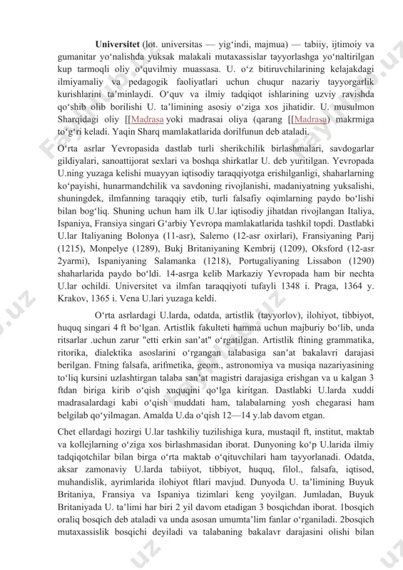 zkur k. mamlakatning musiqa ijrochiligi, bastakorlik va musiqashunoslik sohalarida yuqori malakali mutaxassislarni tayyorlashning asosiy markazi sifatida milliy sanʼatning rivojiga salmoqli hissa qoʻshib keladi. universitét (olmoncha universität soʻzidan, u esa oʻz navbatida lotincha universitas magistrorum et scholarium — «oʻqituvchilar va olimlar jamoati» iborasidan kelib chiqqan) fundamental va amaliy fanlar oʻqitilib, mutaxassislar tayyorlanadigan oliy taʼlim muаssаsаsidir. odatda, ilmiy-tadqiqot ishlarini ham olib boradi. bugungi kundagi universitetlarning aksariyati oʻquv-ilmiy-amaliy majmualar sifatida faoliyat yuritishadi. universitetlar oʻz tarkiblariga bir necha fakultetlarni oladi. universitet (lot. universitas — yigʻindi, majmua) — tabiiy, ijtimoiy va gumanitar yoʻnalishda yuksak malakali mutaxassislar tayyorlashga yoʻnaltirilgan kup tarmoqli oliy oʻquvilmiy muassasa. u. oʻz bitiruvchilarining kelajakdagi ilmiyamaliy va pedagogik faoliyatlari uchun chuqur nazariy tayyorgarlik kurishlarini taʼminlaydi. oʻquv va ilmiy tadqiqot ishlarining uzviy ravishda qoʻshib olib borilishi u. taʼlimining asosiy oʻziga xos jihatidir. u. musulmon sharqidagi oliy [[madrasa yoki madrasai oliya (qarang [[madrasa) makrmiga toʻgʻri keladi. yaqin sharq mamlakatlarida dorilfunun deb ataladi. oʻrta asrlar yevropasida …