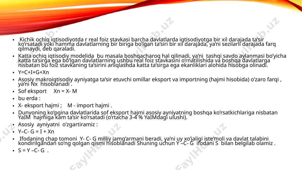 htirib, shuni aytish mumkinki, kapital harakati schyoti (i - s) va joriy operatsiyalar schyoti (xn) fiskal siyosatga va xalqaro foiz stavkasiga bog’liq bo’ladi . grafikdagi muvozanat yopiq iqtisodiyotda foiz stavkasi r orqali o’rnatiladi. i va s chiziqlari r foiz stavkasi ab chiziqdagi kesishgan joyi muvozanat hisoblanadi . kichik yopiq iqtisodiyot modelida mamlakat foiz stavkasi r bilan xalqaro foiz stavkasi r * teng bo’ladi. bizning misolimizda esa r * > r ifoda o’rinli. muvozanat buziladi s>i. bunday vaziyat joriy operatsiyalar schyotida xn ijobiy saldo xisoblanadi . s joriy o peratsiyalar schyotining ijobiy saldosi (+ xn ) c d a b i( r) jamg’arma va investitsiyalarning foiz stavkasiga bog’liqligi kapital xarakati schyoti (s – i) va joriy operatsiyalar schyoti (xn) dastlab nolli saldoga ega bo’ladi: bu shuni anglatadiki, iqtisodiyotning tashqi savdosi balanslashgan, ya’ni import va eksport teng bo’ladi. mamlakatga kirib kelayotgan va chiqib ketayotgan kapital oqimlari ham teng bo’lib nolli saldoga ega …