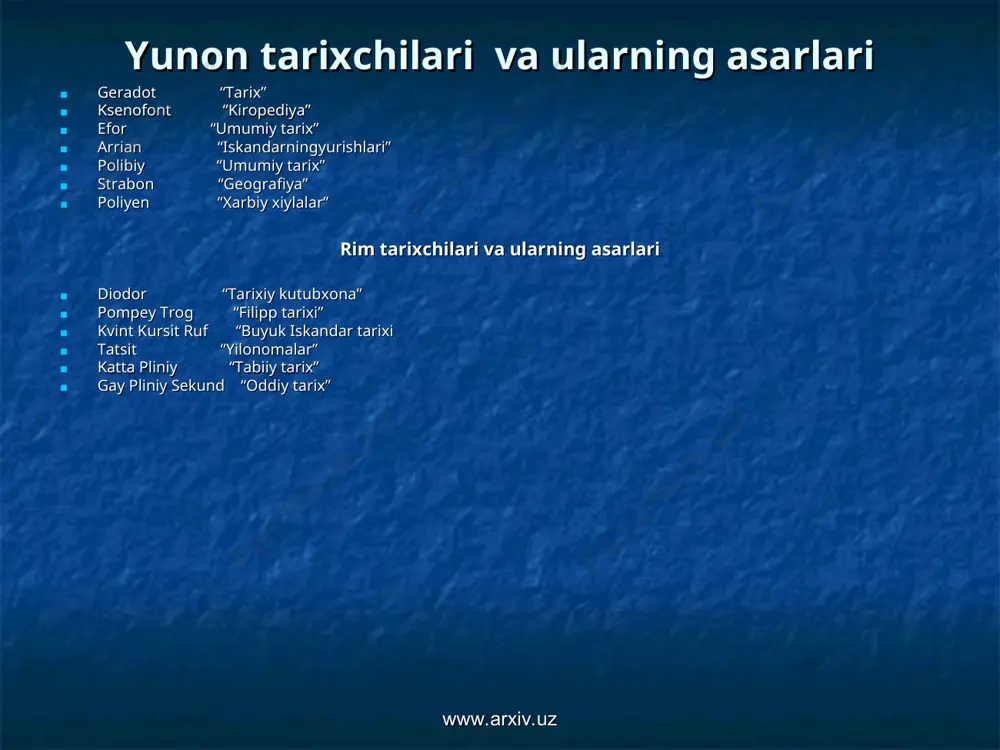 adaniyati haqida muhim ma’lumotlani beradi. biz yosh avlod bu manbalarni o`rganishimiz, ulardan tegishli xulosa chiqarib, biz yashayotgan o`lkaning naqadar shonli o`tmishga ega ekanligini chuqur anglab, shu yurtga munosib farzand bo`lmog`imiz lozim. www.arxiv.uz www.arxiv.uz a.madraimov manbashunoslik. t:”o`zbekiston faylasuflari milliy jamiyati nashriyoti”,2008 sh.karimov,r.shamsuddinov vatan tarixi. t:”o`qituvchi”1992 f.boynazarov antik dunyo.t:”mehnat”1989 b.ahmedov tarixdan saboqlar.t:”o`qituvchi”1994 www.google.ru www.history.com www.archeology.com www.arxiv.uz www.arxiv.uz