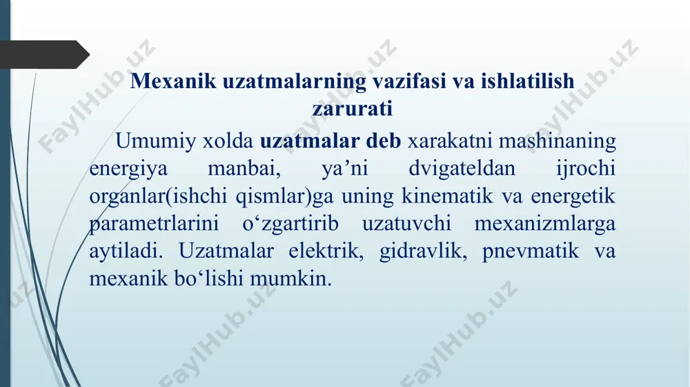 bu yerda  ,  ,3 , n - aloxida pog‘onalarning fik. nazorat savollari 1. uzatmalar deb nimaga aytiladi? 2. uzatmalarning vazifasi nima? 3."mashina detallari" kursida qanday uzatmalar o‘rganiladi? 4. qaysi uzatmalar ilashishli va ishqalanishli uzatmalarga kiradi? 5. kuchni yetaklovchi qismdan yetaklanuvchi qismga uzatish usuli bo‘yicha uzatmalar qanday turlarga bo‘linadi? 6. uzatish soni, uzatish nisbati, burchak tezlik, aylana tezlik, quvvat, aylantiruvchi moment, aylana kuch, fik orasidagi bog‘lanishlarning formulalarini yozing. image1.png image2.png image3.emf oleobject1.bin image4.emf oleobject2.bin image5.emf oleobject3.bin image6.gif image7.gif image8.png image9.png image10.gif image11.gif image12.jpeg image13.gif image14.png image15.jpeg image16.png image17.png image18.gif image19.png image20.png image21.png image22.png