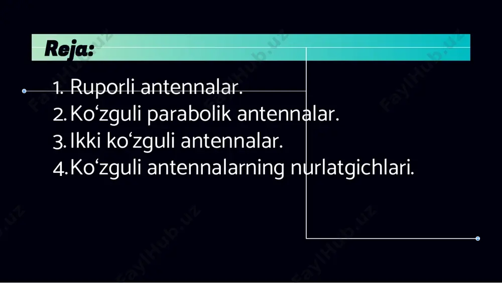 . ko‘zguli parabolik antennalar. o‘q bo‘yicha simmetrik ko‘zguli antenna paraboloid ko‘rinishida tayyorlangan qaytaruvchi sirt va paraboloid fokusida joylashib, uni ichki yuzasini nurlatuvchi uncha katta bo‘lmagan, nisbatan sust yo‘nalgan antenna nurlatgichidan iborat bo‘ladi. bunday klassik ko‘zgusimon antenna asosida turli modifikatsiyalar yaratilgan. qaytaruvchi ko‘zgu soniga ko‘ra, bir va ko‘p ko‘zguli antennalarga bo‘linadi. ko‘p ko‘zguli antennalar odatda ikkita ko‘zguga ega bo‘ladi va bu guruh antennalarni ikki ko‘zguli antennalar deyiladi. antenna nurlatgichi va ko‘zgusining o‘zaro joylashishishga ko‘ra, ular o‘qi bo‘yicha simmetrik va nosimmetrik bo‘ladi. simmetrik antennalarda ko‘zgu o‘q bo‘yicha simmetriyaga ega va bunday ko‘zgu cho‘qqisidan qaytgan maydon nurlatgichga tushadi. maxsus choralar ko‘rilmasa, antennaning moslashganligi katta bo‘lmaydi. o‘qi bo‘yicha nosimmetrik antenna sxemalarida ko‘zgudan qaytgan to‘lqin nurlatgich yonidan o‘tib ketadi. bunday sxemalar yana nurlatgichi tashqariga olib chiqilgan antenna (ofset antennalar) deyiladi. ular ta’minot trakti bilan yuqori moslashganlik ajratib turadi, biroq shu bilan bir vaqtda u yuqori darajadagi krossqutblanishga ega. bu esa, bir vaqtda ortogonal qutblanishlar bilan …