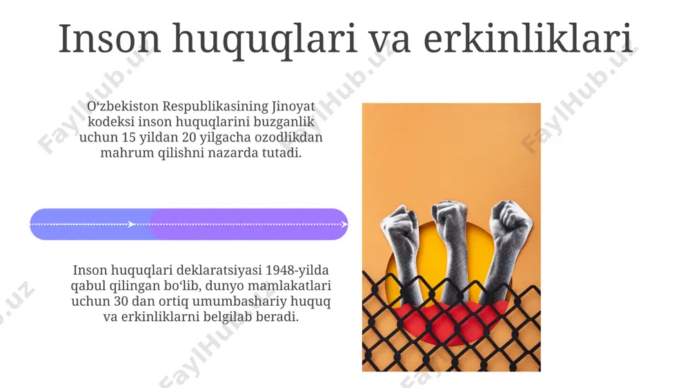 langan bo'lib, sudlarning faqat qonunga bo'ysunishi va hech qanday boshqaruv organiga bog'liq bo'lmasligi prinsipini o'zida mujassamlashtirgan. sud hokimiyatining mustaqilligini ta'minlash uchun malakali va mustaqil sudyalarni tayinlash, ularning mustaqilligini himoya qiluvchi mexanizmlarni yaratish kabi 5 ta asosiy yo'nalish mavjud. konstitutsiyaning amalda qoʻllanishi konstitutsiyaning 12-moddasi, fuqarolarning asosiy huquq va erkinliklarini kafolatlaydi, ammo amalda ularning toʻliq taʼminlanishiga doir 30 dan ortiq qonun hujjatlari mavjud. konstitutsiyaga muvofiq sud hokimiyatining mustaqilligi ta'minlanishi kerak, ammo amalda sud tizimining samaradorligi 60% atrofida baholaydi. fuqarolik jamiyati va konstitutsiya konstitutsiya fuqarolik jamiyati tashkilotlarining faoliyatiga chegaralar qo'ymaydi, balki ularning demokratik jarayonlarda ishtirok etishini kafolatlaydi, jumladan, 10 dan ortiq tashkilot saylovlarda kuzatuvchi sifatida qatnashishi mumkin. mustaqil sud tizimi va qonun ustuvorligi tamoyillari fuqarolik jamiyatining rivojlanishi va konstitutsiya normalarining samarali amalga oshirilishi uchun muhim shart hisoblanadi. e'tiboringiz uchun rahmat @taqdimot_robot image4.jpg image5.jpg image6.jpg image7.jpg image8.jpg image9.jpg image10.jpg image11.jpg image12.jpg image13.jpg image14.jpg image15.jpg image16.jpg image17.jpg image18.jpg image19.jpg image20.jpg image1.jpeg image2.jpeg image3.jpeg