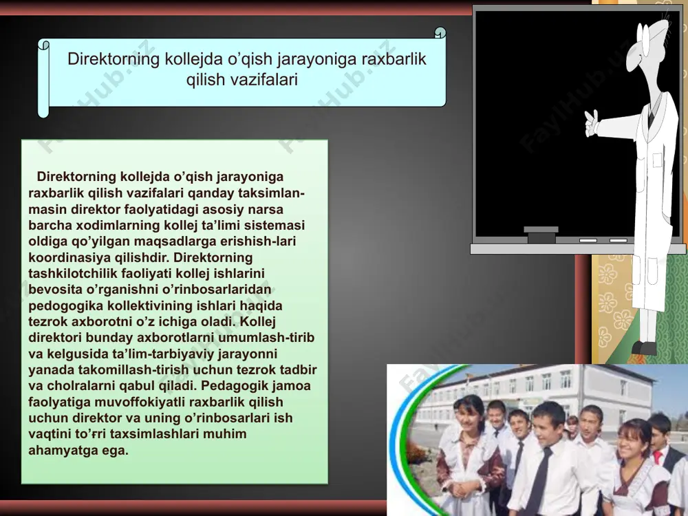 teshshirishni asosi o’isoblanadi. kollej raxbarlarining darslarga kirishlari ularga o’quvchilarni o’qitish va tarbiyalashning xakikiy axvoli, pedogog xodimlarning muvafakkiyat va kamchiliklari bilan tanishish imkonini beradi, bu esa o’z navbatida kollejda ta’lim – tarbiyaviy ishlarni yaxshilashga yordam beradi. 1.ma’ruza matni. 3.intеrnеt saytlari. foydalanilgan adabiyotlar 2.kasb ta’lim uslibiyoti. e’tiboringiz uchun rahmat. image1.wmf image2.jpeg image8.jpeg image9.jpeg image10.wmf image11.jpeg image12.jpeg image13.jpeg image14.jpeg image15.jpeg image16.jpeg image17.jpeg image3.png image4.png image5.png image6.jpeg image7.jpeg