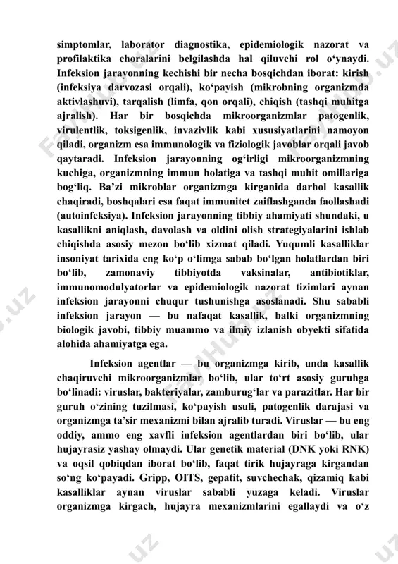 b chiqaradi, to‘qimalarni shikastlaydi va immun tizimni charchatadi. zamburug‘lar — bu eukariot organizmlar bo‘lib, hujayra yadrosi va murakkab tuzilishga ega. ular teri, tirnoq, og‘iz bo‘shlig‘i, ichki a’zolarni zararlaydi. kandidoz, trixofitiya, aspergilloz, oyoq zamburug‘i kabi kasalliklar zamburug‘lar sababli yuzaga keladi. zamburug‘lar ko‘pincha immunitet zaiflashganda faollashadi va uzoq davom etuvchi, davolashga qiyin bo‘lgan infeksiyalarni chaqiradi. parazitlar esa boshqa organizm hisobiga yashovchi, oziqni o‘zlari ishlab chiqara olmaydigan murakkab agentlardir. ular orasida protozoa (eng sodda), gelmintlar (qurtlar), artropodlar (hasharotlar) mavjud. bezgak, trixinoz, giardioz, toksoplazmoz, gepatit e kabi kasalliklar parazitlar orqali tarqaladi. parazitlar organizmda uzoq yashaydi, immun tizimni aldaydi va ko‘p hollarda surunkali kasalliklar chaqiradi. infeksion agentlarning umumiy xususiyati — organizmga kirib, unda ko‘payish, tarqalish va zarar yetkazish qobiliyatidir. ular virulentlik, invazivlik, toksigenlik, antigenlik kabi biologik xususiyatlarga ega bo‘lib, har bir agent o‘ziga xos yo‘l bilan organizmga ta’sir qiladi. infeksion agentlar bilan kurashish uchun zamonaviy tibbiyotda antibiotiklar, antivirus preparatlar, antifungal vositalar, antiparazitar dorilar, vaksinalar va …