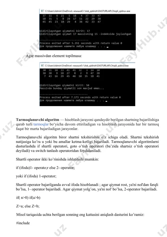 teng. 26 hozirgi qiymat 29 dan kichik. 6 ning masofasini yangilaymiz (edge relaxation). navbadagi kichik masofa 2-vertex’da. 2-vertex’dan tekshirishni davom ettiramiz. 2 dan 3 va 6 ga edge bor. ular uchun boshlang’ich nuqta – 0 vertex’dan masofani hisoblaymiz. 0 dan 3 gacha masofa ( 0 -> 4 -> 5 -> 2 -> 3 ) 9 + 4 + 1 + 3 = 17 ga teng. 17 hozirgi qiymat 20 dan kichkina. 3 ning masofasini yangilaymiz. (edge relaxation). 0 dan 6 gacha masofa ( 0 -> 4 -> 5 -> 2 -> 6 ) 9 + 4 + 1 + 11 = 25 ga teng. 25 hozirgi qiymat 26 dan kichkina. 6 ning masofasini yangilaymiz. (edge relaxation). navbadagi kichik masofa 3-vertex’da. 3-vertex’dan tekshirishni davom ettiramiz. 3-vertex’da faqat bitta edge bor – 6-vertex’ga. 6 uchun boshlang’ich nuqta – 0 vertex’dan masofani hisoblaymiz. 0 dan 6 gacha masofa ( 0 -> 4 -> …