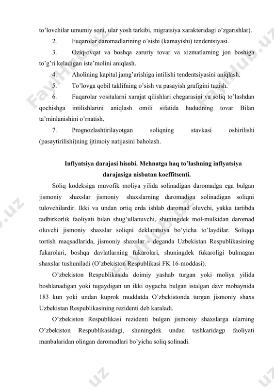 yoki undan kuprok muddatda o’zbekistonda turgan jismoniy shaxs uzbekistan respublikasining rezidenti deb karaladi. o’zbekiston respublikasi rezidenti bulgan jismoniy shaxslarga ularning o’zbekiston respublikasidagi, shuningdek undan tashkaridagp faoliyati manbalaridan olingan daromadlari bo’yicha soliq solinadi. o’zbekiston respublikasi rezidenti bulmagan jismoniy shaxslarga o’zbekiston respublikasi xududidagi faoliyatdan olingan daromadlar bo’yicha soliq solinadi. o’zbekiston respublikasidan tashkarida tulangan jismoniy shaxslarning daromad soligi summalari o’zbekiston respublikasida soliqni tulashda o’zbekiston respublikasining xalkaro shartnomalariga muvofik xisobga olinadi. xisobga olinadigan summalar miqdori jismoniy shaxslarning o’zbekiston respublikasida amal kilayotgan stavkalar bo’yicha xisoblab chikarilgan daromad soligi summasidan oshmasligi lozim. jismoniy shaxslarning jami yillik daromadi bilan soliq kodeksiga muvofik belgilanadigan chegirmalar urtasidagi fark sifatida hisoblangan soliq solinadigan daromad soliq solish ob’ektidir. jismoniy shaxslarning jami yillik daromadiga soliq tulovchi olishi lozim bulgan (olgan) yoki tekinga olgan pul yoxud boshka mablaglar, shu jumladan: · mexnatga xak tulash shaklida olinadigan daromadlar; · jismoniy shaxslarning mulkiy daromadi; · jismoniy shaxslarning tadbirkorlik faoliyatidan keladigan yalpi daromad kiradi. mexnatga xak …