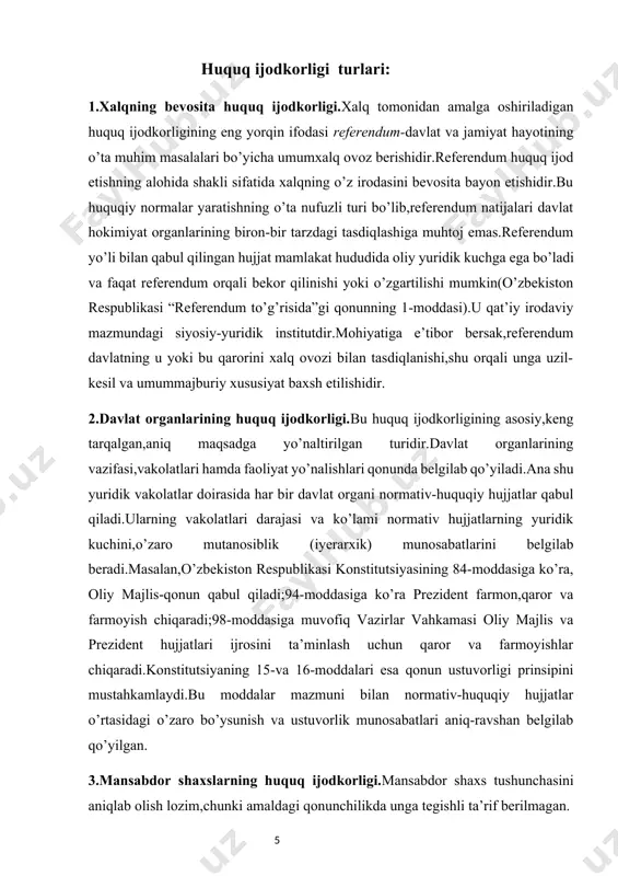 gilab beradi.masalan,o’zbekiston respublikasi konstitutsiyasining 84-moddasiga ko’ra, oliy majlis-qonun qabul qiladi;94-moddasiga ko’ra prezident farmon,qaror va farmoyish chiqaradi;98-moddasiga muvofiq vazirlar vahkamasi oliy majlis va prezident hujjatlari ijrosini ta’minlash uchun qaror va farmoyishlar chiqaradi.konstitutsiyaning 15-va 16-moddalari esa qonun ustuvorligi prinsipini mustahkamlaydi.bu moddalar mazmuni bilan normativ-huquqiy hujjatlar o’rtasidagi o’zaro bo’ysunish va ustuvorlik munosabatlari aniq-ravshan belgilab qo’yilgan. 3.mansabdor shaxslarning huquq ijodkorligi.mansabdor shaxs tushunchasini aniqlab olish lozim,chunki amaldagi qonunchilikda unga tegishli ta’rif berilmagan. mansabdor shaxs-davlat hokimiyat yoki boshqaruv organida yoxud nodavlat tashkilotida muyyan lavozimni egallagan,unga yuklangan vazifalarni bajarish uchun huquqiy hujjatlar qabul qilish va amalga oshirish vakolatiga ega bo’lgan shaxsdir. mansabdor shaxsnig normativ-huquqiy hujjatlar loyihasini tayyorlash va uni qabul qilish bo’yicha faoliyati huquq ijodkorligi hisoblanadi.biroq uning huquqni qo’llash bilan bog’liq xatti-harakati huquq ijodkorlik faoliyati doirasiga kirmaydi. huquq ijodkorligi jarayoniga turli-tuman hayotiy vaziyatlar,ijtimoiy omillar jiddiy ta’sir ko’rsatadi.ijtimoiy omillar huquqiy tartibga solish ehtiyojini aniqlashga,huquqiy hujjat loyihasini tayyorlashga,qonunchilik hujjati loyihasini muhokama qilish va qabul qilishga,pirovardida uning mazmuniga u yoki …
