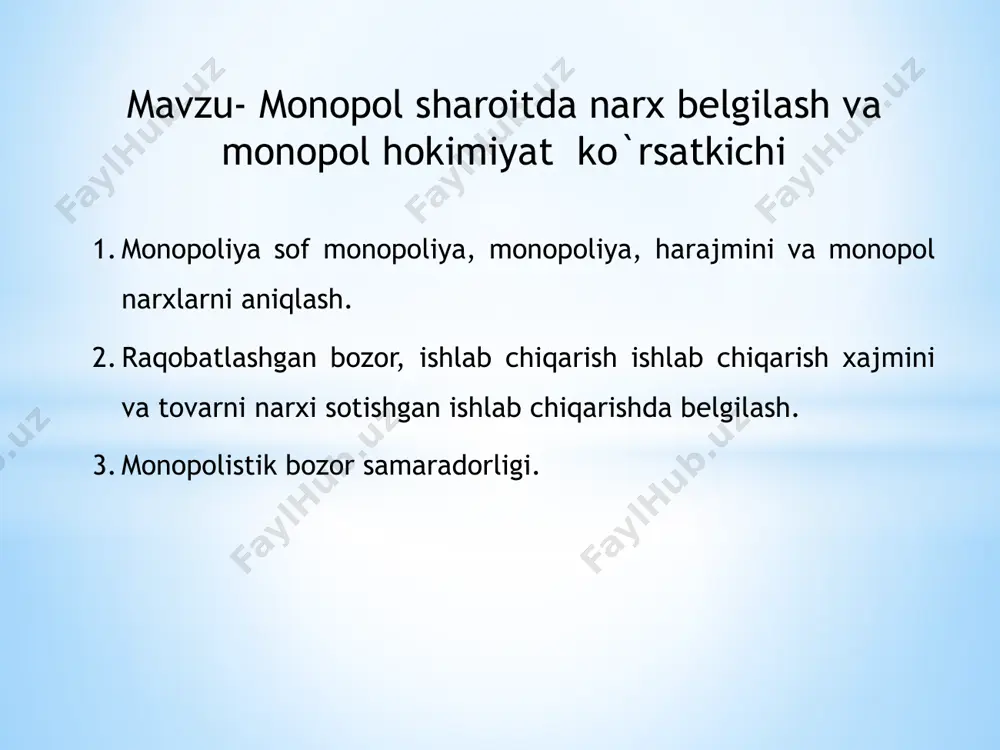 ichik bo'ladi. monopol bozorda talabning o'zgarishi narxning va taklifning amalga oshirilgan bozordagidek proporsional o'zgarishiga olib kelmaydi. monopolistik talab o’zgarganda mahsulot halmini ozgartirmasdan narxni o/zgartirishi yoki narxni o’zgartirmasdan mahsulot hajmini o’zgartrishi yoki bir vaqtning o’zida narxni hamda mahsulot miqdotini o’zgartirish mumkin. sof monopoliya firmaning mahsulotiga talab, uning chekli va umumiy daromadi, 6 даромад r талаб чизиғи q маҳсулот миқдори q* 0 max tr q* фирма даромади r b a c q kishi dunyoda boy bo‘lish uchun emas, balki baxtli bo‘lish uchun yashaydi. stendal 0 монополист ҳам рақобатлашган бозордаги фирма каби чекли харажат билан чекли даромадни тенглигини таъминлайдиган ҳажмда маҳсулот ишлаб чиқарсагина максимал фойда олиши мумкин! f p p1 p* k mc pe m d=ar l mr q qe q* q1 0 e kishi o‘zgalarning baxtidan baxt topsa, u haqiqiy yashagan hisoblanadi. i. gyote 8 inson doim quvnoq yashashi kerak. agar quvonching tugasa,nimada yanglishganingni axtar. l.n.tolstoy 8 бу ерда: l – монопол …