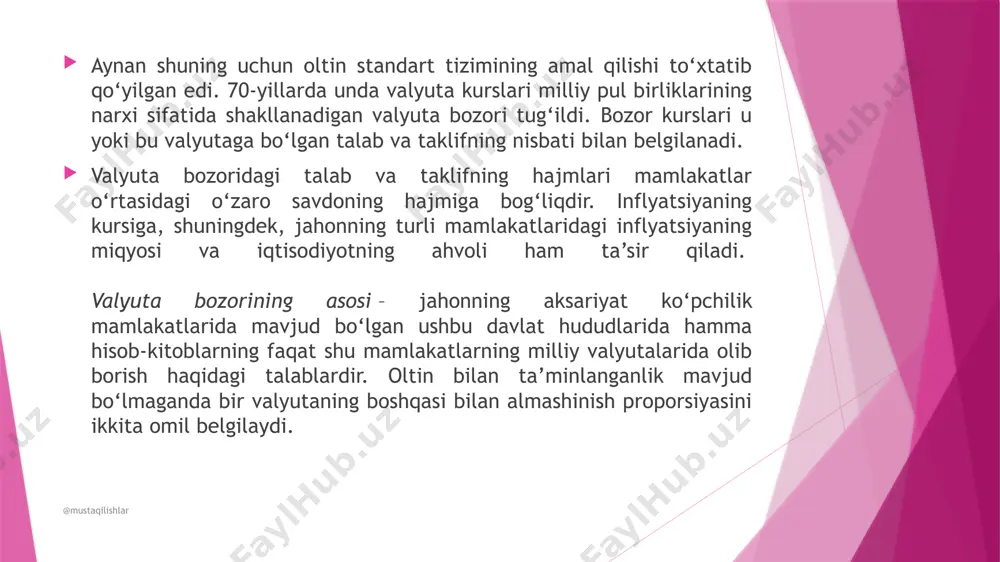 h kursi shuncha ko‘p o‘sadi. va aksincha. o‘zbekiston o‘z milliy valyutasiga ega. shu munosabat bilan respublika milliy valyutasi – so‘mni mustahkamlash bar-qarorlashtirish masalasini hal qilishi lozim. bu fiskal darajada bo‘lganidek, tashqi sektorda ham yuzaga keladigan vaziyatga bog‘liqdir. so‘m – o‘zbekiston hududida yagona qonuniy to‘lov vositasidir. so‘mning joriy etilishi bilan respublikada o‘z fiskal, pul-kredit, iqtisodiy siyosatni yuritishning real mexanizmi paydo bo‘ldi. respublika uning ichki konvertatsiya qilinishiga, qat’iy valyutaga erkin almashtirilishiga erishdi. respublikada yashovchi har bir odamning farovon turmushi milliy valyuta muomalasi (aylanish)ning barqarorligiga bog‘liqdir. milliy valyutaning barqarorligi, uning ichki konvertlanishi raqobatga bardoshli mahsulotning yetarli miqdori, zarur zaxiralar bilan ta’minlangan. @mustaqilishlar respublikada so‘mni konvertlashtirish bo‘yicha maqsadli, kompleks to‘rtta dastur ishlab chiqilgan: birinchi dastur. mamlakatning o‘z valyutasi faqat barqaror tovar qoplanishi bor bo‘lgan vaqtdagina, ya’ni pullar tovarlar bilan to‘liq qoplangandagina real kuchga ega bo‘ladi. shuning uchun respublika bozorini o‘zimizda ishlab chiqarilgan tovarlar bilan, import bo‘yicha olib kelinadigan tovarlar bilan ham to‘yintirish zarur. ikkinchi …