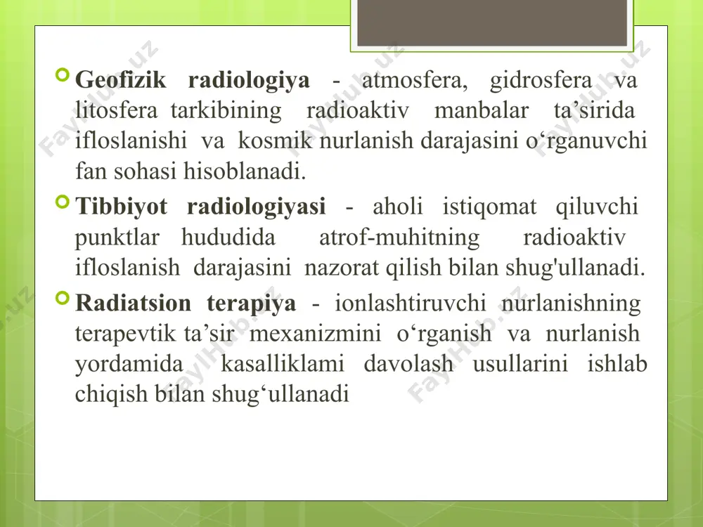 niladi. birinchidan, oqsillar xususiy flu­oressensiyasini o’lchash orqali, uning konformasion holati haqida ma’lumotga ega bo’lishi mumkin. oqsilning xususiy ultrabinafsha fluoressensiyasi yordamida, unda triptofan va tirozin qoldig`i ulari­ning bor- yo’qligini aniqlash mumkin. uning parametrlari ularning mikroqurshoviga bog’liq ravishda o’zgaradi. masalan, trip­tofanlar fluoressensiyasining kvant chiqishi 0,1-0,4 oralig’ida bo’lib, spektr maksimumi 320-325 nmda qayd etiladi. fluoressensiya spektrofotometrlardan farqlanadigan, fluorametrlarda o’lchanadi. ularda fluoressensiya qo’zg’atuvchi va uni qayd etuvchi sistemalar mavjud. nurlanishsiz amalga oshuvchi o’tishlar bu xil o’tishlarni ikki turga ajratish mumkin:bir xil multipletlikka ega, har xil elektronli qo’zg’alish holatlari aro molekulyarli nurlanishsiz o’tishlar, ya’ni singnet- sing­net (s1  so) va triplet- triplet (t2  t1) o’tishlar imkoni ham mavjud bo’lib, bunday o’tishlar ichki konversiya deb ataladi. har xil multipletlikka ega holatlararo molekulyarli o’tishlar (ya’ni s1  t1, t1  so), bunday o’tishlar interkombinasion konversiya deb ataladi. energiyaning qo’zg’algan molekuladan atrofdagi boshqa molekulalarga uzatilishi ham nurlanishsiz o’tishga tegishlidir. bunda elektron energiyasi tebranma, aylanma va ilgarilama harakat …