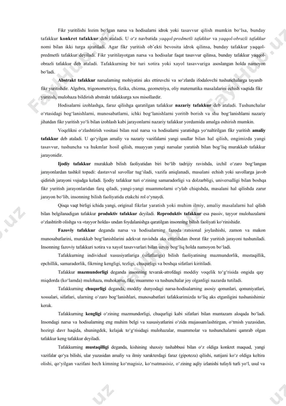 . deduktiv xulosa chiqarishda – umumiy va yakka hukmlardan yakka yoki juz’iy hukm keltirib chiqariladi. misol uchun: o‘zbekiston “yoshlar ittifoqi” a’zolari shijoatli yoshlardir. toshkent pediatriya tibbiyot instituti talabalari “yoshlar ittifoqi” a’zosidirlar. demak, ular ham shijoatlidirlar. analogik xulosa chiqarishning shunday shaklidirki, bunda ikki predmetning ba’zi bir belgilari o‘xshashligiga qarab, bu predmetlarning boshqa belgilari o‘xshashligi to‘g‘risida ham xulosa chiqariladi. analogiya deb, narsa va hodisalarning bir-biriga o‘xshash bo‘lgan ba’zi belgilariga qarabgina hukm yuritishdan iborat xulosa chiqarish shakliga aytiladi. shunday qilib, analogik yo‘l bilan xulosa chiqarganda, murakkab qonuniyatlar to‘g‘risidagi bilimlar o‘zlashtirilmasada, lekin turmushning turli jabhalarida undan foydalanib turiladi. psixologiya fanida tafakkur quyidagicha shartli klassifikatsiya qilinadi: ko‘rgazmali-harakat tafakkuri. bola tug‘ilishidan tortib, to uning bog‘cha yoshigacha davr amaliy faoliyatda ko‘rgazmali-harakat tafakkur o‘sishining asosiy davri hisoblanadi. mazkur yoshdagi inson ana shu amaliy faoliyat jarayonida aqliy harakatlarni amalga oshirib, amaliy bilimlarni o‘zlashtiradi, natijada ko‘rgazmali-harakat tafakkuri o‘sib boradi. ushbu yoshdagi bolalar o‘zlari o‘ynayotgan narsalar, o‘yinchoqlarni qo‘llari bilan bevosita ushlab …