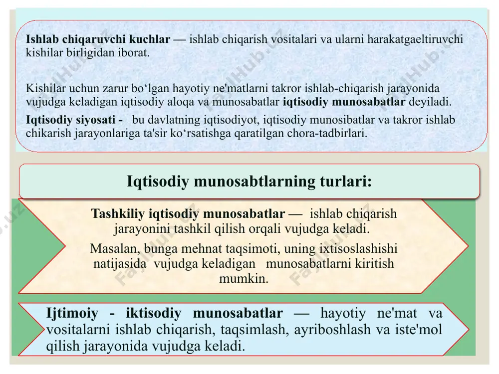 ashtirish jamoa - guruh xarakteriga ega bo‘ladi. shaxsiy mulk manbalari: ijtimoiy ishlab chiqarishdagi ishtirokidan oladigan daromadlari;(ish xaqi) o‘z xo‘jaligi (oila, dehqon)ni yuritish hisobiga oladigan daromadlari; aksiyadan keladigan dividend; foizli daromadlar; shaxsiy tadbirkorlikdan olinadigan daromad; transfert to‘lovlari hisobiga kelib tushadigan mablag‘lar. shaxsiy mulk ob'ektlari: uy va turar joylar; bog‘ va dala hovli; transport vositalari; uy-ro‘zg‘or va shaxsiy iste'mol buyumlari; xo‘jalik faoliyati uchun kerakli ishlab chiqarish vositalari; xo‘jalik faoliyati hisobiga olingan mahsulotlar; pul jamg‘armalari. 20 shaxsiy mulk fuqarolar mulki bo‘lib, ularning shaxsiy yoki oilaviy ehtiyojlarini qondirishga xizmat qiladi. 21 aralash mulk turli mulk ob'ektlari va uning natijalarini turli mulkdorlar tomonidan o‘zlashtirishni bildiradi. (aralash mulk, sub'ektlari sifatida qo‘shma korxonalar, xorijiy fuqarolar, xorijiy tashkilotlar va xorijiy davlatlar chiqadi.) xususiy mulk ayrim tadbirkorlarga qarashli, yollanma mehnatga asoslangan va o‘z egasiga foyda keltiruvchi mulkdir. bunda mulkka egalik qilish va uni tasarruf etish huquqi xususiy shaxslarga tegishli bo‘ladi. 22 4. o‘zbekistonda mulkni davlat tasarrufidan chiqarish va xususiylashtirish …