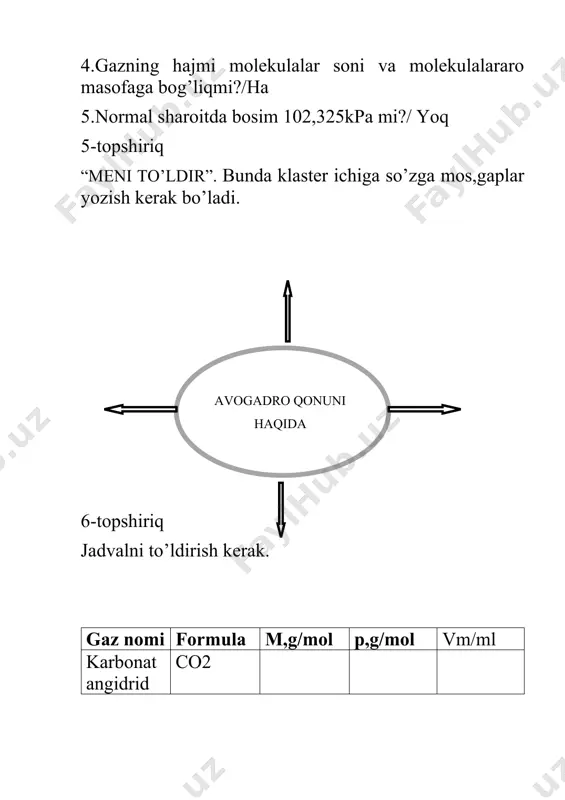 bo’ladi.o’quvchi dengizdagi baliqlardan birini tutib uni orqa qismidagi savollarga javob beradi.javob to’g’ri bo’lsa baliqni akvariumga, noto’g’ri bo’lsa dengizga qo’yib yuboriladi. 19-topshiriq raketa o’yini doskaga raketa rasmi chiziladi,yoki uchta raketa yasab savollar yozilgan kartochkalar ilinadi.raketa o’zga sayyoraga uchish uchun yuklardan xoli bo’lishi kerak.o’quvchilar uch guruhga bo’linadi.qaysi guruh a’zolari savollarga to’liq javob bersa, o’sha guruhni raketasi uchib ketadi. 20-topshiriq o’qituvchilar savollarni an’anaviylikdan qochgan holda berishlari ham mumkin.berilgan savolga o’quvchi faqat to’g’ri yoki noto’g’ti deb javob beradi. avogadro 6,02 1023 molar hajm gaz molekulalar soni
