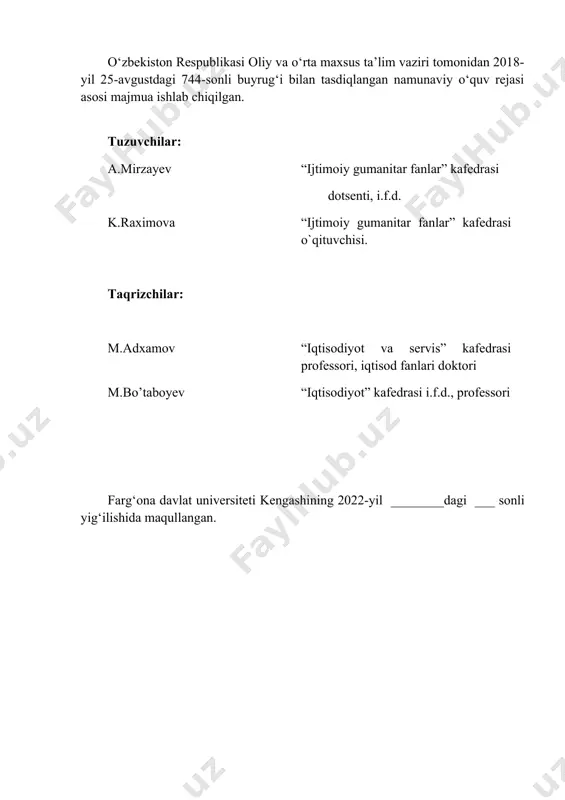 v.5. baholash mezoni……………………………………………… .......... 168 vi. foydalanilgan adabiyotlar ro‘yxati .......................... 169 kirish “biznesga kirish” fani bozor iqtisodiyotining nazariy va amaliy tomonlarini o`rganish bilan birga, biznes va tadbirkorlik faoliyatini tashkil etish va rivojlantirishda vujudga keladigan iqtisodiy muammolarni tahlil qilish va ularning yechimini topishda, shuningdek, sababiy bog`liqlikda xulosalar yasashda muhim ahamiyat kasb etadi. ushbu fan tanlov fani hisoblanib, boshqa iqtisodiy fanlarni chuqur o`rganishda asos bo`lib xizmat qiladi. “biznesga kirish” fani 4-kursda o`qitilishi maqsadga muvofiq. “biznesga kirish” fani bozor iqtisodiyotining amal qilish mexanizmini, turli mulkchilikka asoslangan korxonalarning xo`jalik yuritish faoliyatini, ularning bozor sharoitidagi harakatini, biznes faoliyatini tahlil etish va rejalashtirish, moliyaviy mablag`lar bilan ta`minlash yo`llari, soliq, audit va sug`urta bilan munosabatlarini o`rganish, tavakkalchilikni baholash, biznesni axborot bilan ta`minlash yo`llarini nazariy va amaliy tomonlarini o`rganadi. fanni o`qitishdan maqsad - talabalarga mamlakatimiz iqtisodiyotini erkinlashtirish va iqtisodiy islohotlarni chuqurlashtirish hamda iqtisodiyotni modernizatsiya qilish sharoitlarida xo`jalik yurituvchi sub`yektlarda biznes faoliyatini to`g`ri tashkil etishning nazariy va amaliy tomonlarini …