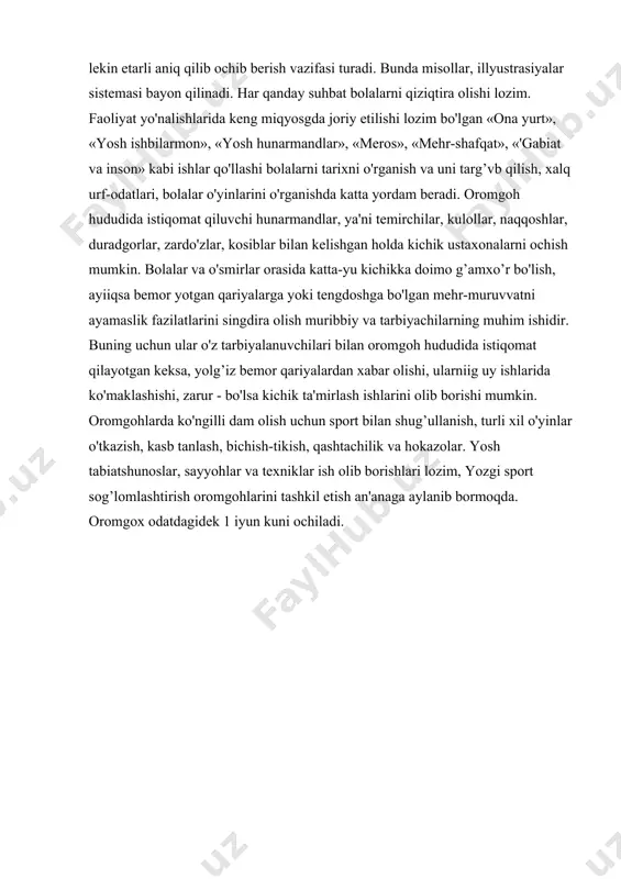 hunoslar, sayyohlar va texniklar ish olib borishlari lozim, yozgi sport sog’lomlashtirish oromgohlarini tashkil etish an'anaga aylanib bormoqda. oromgox odatdagidek 1 iyun kuni ochiladi. adabiyotlar: 1. o'zbekiston respublikasi «tatlim to'g’risida»gi qonun. barkamol avlod-o'zbekiston taraqqiyotiniig poydevori. -t. 1997. 2. barkamol avlod-o'zbekiston taraqqiyotiniig poydevori.-t. 1997. 3. i. a. karimov. o'zbekiston: milliy istiqlol, iqtisod, siyosat, mafkura. -t, o’zbekiston, 1993. 4. sayidahmedov h. pedagogik mahorat va pedagogik texnologiyalar. t. 2003. 5.azizxo’jayeva n.n. pedagogik texnologoya va pedagogik mahorat. t. 2003. 5.mahmudov n. o’qituvchi nutqi madaniyati. t. 2007. 6.musurmonova o. ma’naviy qadriuatlar va yoshlar tarbiyasi. t. 1996.