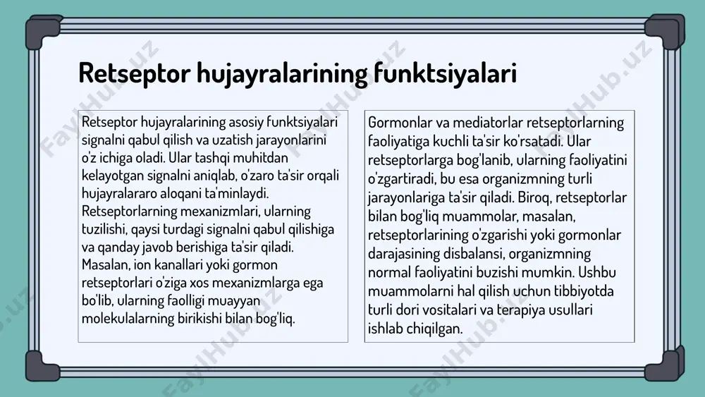 'sirini amalga oshirishda muhim ahamiyatga ega. bu jarayon asosan uchta asosiy bosqichdan iborat: birinchi bosqichda retseptorlar gormon yoki mediator bilan birikadi; ikkinchi bosqichda retseptor faollashganidan so'ng, signal molekulalari hujayra ichiga kiradi; uchinchi bosqichda esa ichki signallar paydo bo'lib, hujayra faoliyatini boshqaradi. har bir bosqich organizmning normal funksionalligi uchun zarurdir. - retseptor gormon yoki mediator bilan birikadi va faollashadi. - retseptor faollashgandan so'ng, signal molekulalari hujayra ichiga kiradi. - ichki signallar natijasida, hujayra o'z faoliyatini o'zgartiradi yoki yangi moddalar ishlab chiqaradi. retsepsiya va gormonlar o'rtasidagi bog'lanish gormonlar organizmda muhim rol o'ynaydi va retsepsiya jarayoni bilan chambarchas bog'liqdir. gormonlar retseptor hujayralarga ta'sir qilib, ularning faoliyatini va funktsiyalarini o'zgartiradi, bu esa organizmning turli jarayonlarini boshqaradi. gormonlar ta'sirida retseptor hujayralarining qanday o'zgarishlar ro'y berishi: - gormonlar bilan bog'lanish natijasida retseptor hujayralarining membranasida ion kanallari ochiladi. - retseptor hujayralarida ikkilamchi messengerlar ishlab chiqarilishi ko'payadi, bu esa hujayra ichidagi reaktsiyalarni tezlashtiradi. - gormonlar ta'sirida genlar faoliyati …