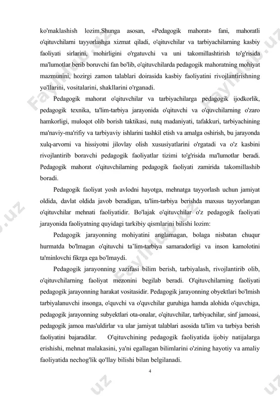 ablari asosida ta'lim va tarbiya berish faoliyatini bajaradilar. o'qituvchining pedagogik faoliyatida ijobiy natijalarga erishishi, mehnat malakasini, ya'ni egallagan bilimlarini o'zining hayotiy va amaliy faoliyatida nechog'lik qo'llay bilishi bilan belgilanadi. o'qituvchining pedagogik faoliyati samarali bo'lishi uchun zarur bo'lgan qobiliyatlar tizimini: bilim, bolani tushuna olish, kuzatuvchanlik, nutq malakasi, tashkilotchilik, kelajakni ko'ra bilish, diqqati taqsimlab olish, vaziyatni to'g'ri baholash, yuzaga kelish ehtimoli bo'lgan bir xil ziddiyatlarni o'z vaqtida bartaraf etish, o'quvchilarni bilim olishga qiziqtirish kabilar tashkil etadi. mazkur fanning mazmunidan kasbga doir topshiriq va vazifalarni yechish uchun o'quv-tarbiya jarayonini boshqarish, unga rahbarlik qilishda pedagogik-psixologik ta'limot nuqtai-nazaridan yondashish, ta'lim-tarbiyani milliy an'analarimiz ruhida zamonaviy metodlar asosida modellashtirish, o'quv-tarbiyaviy jarayonda ilg'or pedagogik texnologiyalarni tadbiq etish uchun o'qituvchi mahoratining zarurligi haqidagi ma'lumotlar va ularni takomillashtirish tizimlari o'rin olgan. shunga ko'ra, «pedagogik mahorat» fani kasbga old bilim va qobiliyatlarni o'qituvchilarda shakllantirish, ijodkorliknitarbiyalash, mahorat, ko'nikma va malakalarni egallashlari uchun, pedagogiktexnika, pedagogik hamkorlik, pedagogik nazokat, nutq madaniyati to'g'risida ma'lumotlar berib …