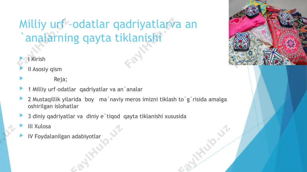 tning maxsus farmoni qabul qilindi. 1992-yil 27-martda o‘zbekiston prezidentining “ro‘za hayitini dam olish kuni deb e’lon qilish to‘g‘risida”gi farmoniga ko‘ra musulmonlar hayotidagi qutlug‘ sanalar – qurbon va ramazon hayit kunlarini doimiy ravishda bayram qilish va ularning dam olish kunlari deb e’lon qilinishi ham aynan xalqimiz ko‘nglidagi ish bo‘ldi. mustaqillik yillarida boy ma’naviy merosimizni tiklash tadbirlari amalga oshirildi. milliy madaniyatimizga, jahon sivilizatsiyasi taraqqiyotiga buyuk hissa qo’shgan bobolarimiz-imom buxoriy, imom termiziy, bahovuddin naqshband, xo’ja ahmad yassaviy, al-xorazmiy, al-farg’oniy, ibn sino, mirzo ulug’bek, alisher navoiy, zahiriddin bobur va boshqa ko’plab ajdodlarimizning milliy va ma’naviy merosi xalqimizga qaytarildi, tavallud topgan kunlari butun mamlakat bo’yicha nishonlandi, asarlari nashr etildi. ularning ma’naviy merosi bugungi kunda xalqimizga yangi jamiyat qurishda ma’naviy kuch-qudrat bag’ishlamoqda, jamiyatimizni ma’naviy yuksaltirishga xizmat qilmoqda. prezident farmoni bilan 1996 yil amir temur yili deb e’lon qilindi. amir temur tavalludining 660 yilligini nishonlashga bag’ishlangan tadbirlar o’zbekistonda, dunyoning 50 dan ortiq mamlakatlarida o’tkazildi. yunesko qarori bilan …