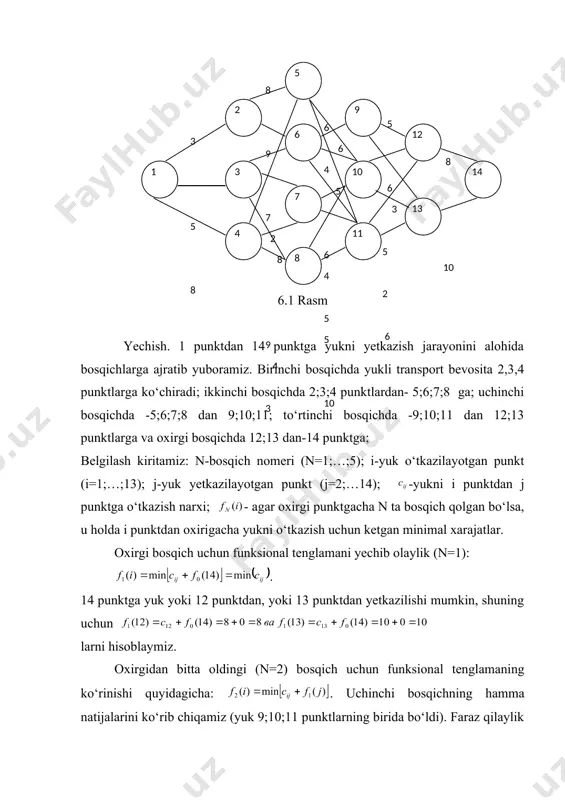 indi (unda oxirgi bosqichning qiymatlari hisobga olingan) lar solishtiriladi va har bir uchun ekstremal yig‘indi va optimal yechim topiladi, ya'ni funksiya ekstremal qiymat qabul qiluvchi yechim topiladi. xuddi shu tarzda (n=3, n=4, va h.k) bosqichdan (n=n) bosqichgacha o‘tiladi; 3) (6.3) funksional tenglamani birinchi n=n bosqich uchun yozib olishadi. berilgan bosqichda jarayonning mavjud holatlari haqida faraz qilinmaydi, chunki holat ma'lum. bu holat uchun optimal qiymatni ikkinchi bosqichning hamma shartli-optimal yechimlarini hisobga olgan holda aniqlash kerak; 4) butun jarayonni to‘g‘ri yo‘l bo‘ylab dan ga qarab o‘tiladi va butun jarayon uchun maqsad funksiyasiga ekstremal qiymat beruvchi optimal qiymat tanlashadi. misol. yukni 1 punktdan 14 punktga ko‘chirish kerak. 6.1 rasmda yo`llar tuguni hamda tugunning alohida punktlari orasida birlik yukni ko‘chirish narxi ko‘rsatilgan (mos qirralarga qo‘yilgan). 1 punkt bilan 14 punkt orasida eng kam xarajat ketadigan yo‘nalishni topish talab etilmoqda. 6.1 rasm yechish. 1 punktdan 14 punktga yukni yetkazish jarayonini alohida bosqichlarga ajratib yuboramiz. birinchi …
