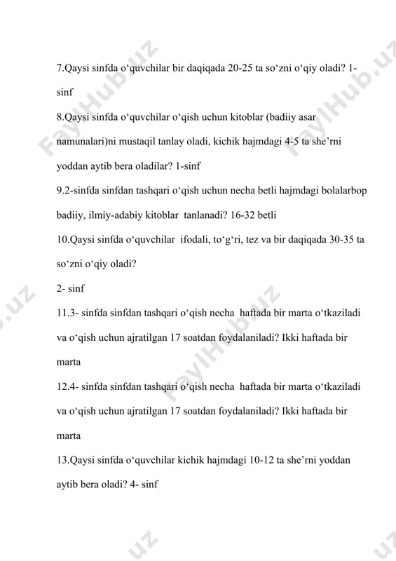 tez aytish, rivoyat, hikoyat, masal, xalq qо‘shiqlari, hikoya, she’rlarni о‘qib tushunadi va mazmunini qayta sо‘zlab beradilar? 4- sinf 15.qaysi sinfda о‘quvchilar 0 dan 100 gacha bо‘lgan sonlarni о‘qiydi, yozadi tо‘g‘ri va teskari tartibda sanay oladi hamda 0 dan 100 gacha bо‘lgan sonlarni taqqoslaydi, tartibga sola oladi? 1- sinf 16.qaysi sinfda о‘quvchilar 2 arifmetik amalli (qavssiz) sonli ifodaning qiymatini hisoblaydi,о‘lchamlari ma’lum bо‘lgan yassi geometrik figuralarni (kesma, tо‘g‘ri tо‘rtburchak, kvadrat) chizg‘ichdan foydalanib yasay oladilar? 1- sinf 17.qaysi sinfda о‘quvchilar noldan 1000 gacha bо‘lgan nomanfiy butun sonlarni о‘qiy oladi, yoza oladi, taqqoslay oladi, tartibga soladi, qо‘shish va ayirish amallarini og‘zaki va yozma bajara oladi hamda modellarda tasvirlay oladilar? 2- sinf 18.qaysi sinfda о‘quvchilar miqdorlar (narx-navo, massa, vaqt, uzunlik, yо‘l, yuz, tezlik) orasidagi bog‘lanishlarni qо‘llab, kundalik hayot bilan bog‘liq bо‘lgan masalalarni arifmetik usulda (2-3 qadamli) yecha oladilar? 3- sinf 19.qaysi sinfda о‘quvchilar nomli kattaliklar (massa, vaqt, uzunlik, yuza, tezlik) va ular orasidagi munosabatlardan ( …