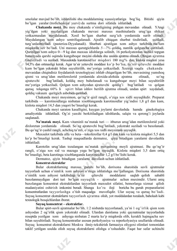 i. so’ng ajratma quyib olinadi, ikki kun tindirib, suziladi va moy bilan 1:10 nisbatigacha yetkaziladi. 2. sankt-peterburg «oktyabr» kimyo-farmasevtika ishlab chiqarish birlashmasida maydalangan mingdevona bargidan 1% li ammiak saqlagan 70% li spirt bilan perkolyatorlar batareyasida ajratma olinadi. olingan ajratma suziladi va teng miqdordagi kungaboqar bilan aralashtiriladi, mo’tadil bosimda spirt, suv aralashmasi vakuum ostida to’la uchib ketguncha xaydaladi. moyli konsentrat me’yorigacha moy bilan suyultiriladi, 3— 4 kun tindiriladi, so’ng yuqorigi tiniq qismi kuyib olinadi, pastki loyqa qismi yesa nutch-filtr orqali suziladi. 3. 1959 yili m. t. tarasova xom ashyoni xloroformli suv bilan perkolyasiya usulida ajratma olishni taklif qildi. ajratma ion almashgich «yespatit-1» smolasi orqali o’tkazilib, tozalanadi. bunda alkaloidlar «yespatit-1» da ushlanib qoladi. ular tarkibida ammiak bug’latilib, 50% li spirt bilan yuvib ajratib olinadi, bug’latiladi va quritiladi. qurigan tolqon isitilgan moyda yeritiladi. tayyor maxsulot tarkibida alkaloid miqdori, xom ashyodagidan 10 marta kam bo’lishi kerak. tayyor maxsulot tiniq, yashil yoki qo’ng’ir-yashil rangli, o’ziga …