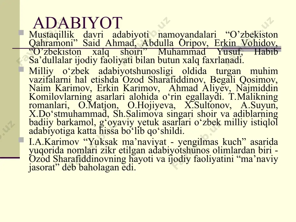 islom universiteti, islom instituti, 16 ta diniy konfessiyalar faoliyat yuritib keldi. o‘zbekiston aholisining 88 foizi islom diniga, 10 foizidan ziyodi boshqa dinlarga e’tiqod qiladi, 1,8 foizi hech qaysi dinga e’tiqod qilmaydi. dinlararo bag‘rikenglik vazirlar mahkamasi huzuridagi «din ishlari bo‘yicha qo‘mita» dindorlar ehtiyojlarini qondirishga ko‘maklashib kelmoqda. 2007-yilda islom hamkorligi tashkilotining ta’lim, fan va madaniyat masalalar bo‘yicha tuzilmasi – aysesko tomonidan «toshkent – islom madaniyati poytaxti» deb e’lon qilindi. 1991 (1998)-yil davlatning vijdon erkinligi va dinga oid siyosatini belgilab beruvchi «vijdon erkinligi va diniy tashkilotlar to‘g‘risida»gi qonuni qabul qilindi. dinlararo bag‘rikenglik 1992-yil o‘zbekiston respublikasi prezidentining farmoniga binoan vazirlar mahkamasi huzurida din ishlari bo‘yicha qo‘mita tashkil etildi. qo‘mita tarkibida diniy konfessiyalar bilan ishlash uchun maxsus tashkil etilgan sho‘ba ish boshlaganidan so‘ng, respublika hududida joylashgan va diniy faoliyat yuritayotgan barcha tashkilotlar haqida ma’lumotlar to‘plana boshlandi. 1998-yil o‘zbekiston respublikasi oliy majlisi tomonidan «vijdon erkinligi va diniy tashkilotlar to‘g‘risida»gi qonunning yangi tahriri qabul qilindi. dinlararo bag‘rikenglik …