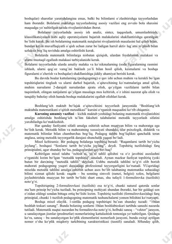 amallarning biror xossasining qo`llanilishiga asoslanilgan butun bir faktlar bilan xossalarning o`zini bilmagan holda tanishishadi. buning natijasida, masalan, 100 ichida qo`shish va ayirishni bajarish uchun bolalar 20 dan ortiq hisoblash usullarini egallashlari zarur bo`lardi. aslida esa o`quvchilarni to`rtta asosiy xossa haqidagi bilim bilan (sonni yig`indiga va yig`indini songa qanday qo`shish hamda sonni yig`indidan va yig`indini sondan qanday ayirish kerakligi bilan) tanishtirishning o`zi yetarli. amaldagi programmada ana shu maqsad o`quvchi 100 ichida, keyinchalik esa 1000 ichida va ko`p xonali sonlarni og`zaki qo`shish va ayirishda ham qo`shish va ayirishga doir har qanday misolni yechishning har xil usullarini mustaqil topish imkoniga ega bo`lishi bilanoq amalga oshiriladi. matematika o`qitish bolalarning ma`lum bilim va malakalarnigina o`zlashtirib olishlarini o`z vazifasi deb bilmay, balki ularda idrok, xotira, tafakkur, tasavvur kabi bilish qobiliyatlarining umumiy rivojlanishini ham nazarda tutadi. bu yo`nalishdagi maqsadga muvofiq ish ularga aqliy faoliyatning muhim usullarini o`rgatish (analiz, sintez, taqqoslash, umumlashtirish, abstraktlashtirish, konkretlashtirish kabi aqliy operatsiyalarni bajarish)ga …