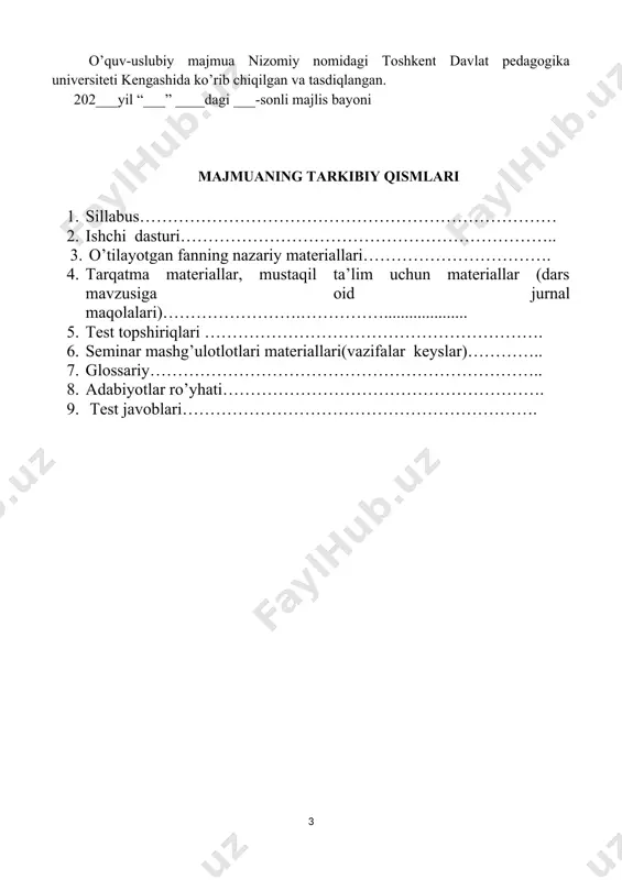 vojlanish va uning o’ziga xos xususiyatlari, yosh davrlari tasnifi, psixik taraqqiyotning turli bosqichlari uchun xos psixofiziologik va psixologik xususiyatlar haqidagi bilimlar bilan qurollantirishdan iborat. bo‘lajak o‘qituvchilarni innovatsion tehnologiyalarning nazariy asoslari bilan tanishtirish, bo‘lajak o‘qituvchilarda yangi pedagogik darajada pedagogik jarayonlarni madernizasiyalash uchun zaruriy kasbiy mahoratni shakllantirish, zamonaviy innovasion texnologiyalar, yangi pedagogik yo‘nalishlar bilan tanishtirish, mustaqil ishlash, mustaqil bilim olish, o‘zini tarbiyalash va o‘zining mutaxassislik darajasini doimiy oshirib borishga intilishni faollashtirish; talabalar uchun talablar - o‘qituvchiga va guruhdoshlarga nisbatan hurmat bilan munosabatda bo‘lish; - universitet ichki tartib - intizom qoidalariga rioya qilish; - uyali telefonni dars davomida o‘chirish; - berilgan uy vazifasi va mustaqil ish topshiriqlarini o‘z vaqtida va sifatli bajarish; - ko‘chirmachilik (plagiat) qat’iyan man etiladi; - darslarga qatnashish majburiy hisoblanadi, dars qoldirilgan holatda qoldirilgan darslar qayta o‘zlashtirilishi shart; - darslarga oldindan tayyorlanib kelish va faol ishtirok etish; - talaba o‘qituvchidan so‘ng, dars xonasiga - mashg‘ulotga kiritilmaydi; - talaba reyting ballidan …