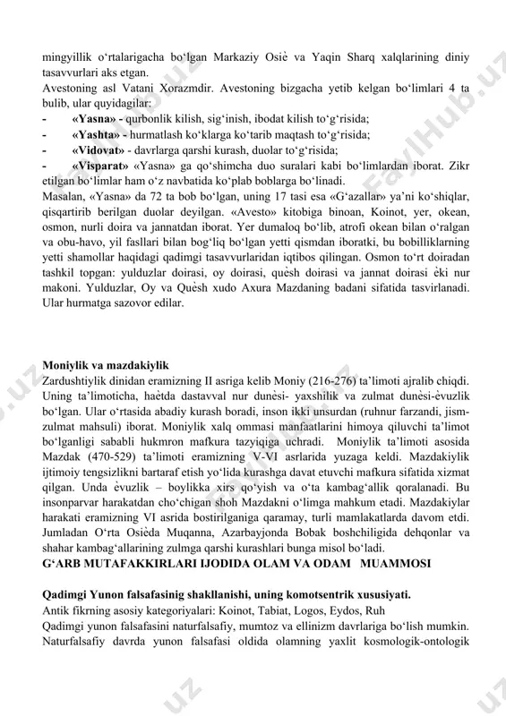 muhim qismlaridan biri – in va yan unsurlari haqidagi ta’limotdir. yan qandaydir faol, barcha narsalarning ichiga kirib boruvchi, ashѐlarni bilish yo‘lini ѐrituvchi narsa sifatida ifoda qilinadi; in uchun kutib turuvchi faoliyatsizlik o‘rin ajratilgan, negaki, u qorong‘ilik ibtidosidir. in va yanning harakati – yagona narsada yuz beradigan o‘zgarishlarning dialektik harakatidir. in va yanning o‘zaro bir-biriga kirishidan ularning o‘zaro ta’sirini aks ettiruvchi bir qator tushunchalar paydo bo‘ladi. konfutsiychilik axloqiy qoidalar va ijtimoiy boshqaruv masalalariga diqqate’tiborni qaratdi. konfutsiychilik uchun eng mukammal namuna o‘tmish edi. konfutsiy (er.ol. 551-449 yy.) o‘zi haqida shunday degan edi: «eskini baѐn qilaman va yangini yaratmayman». kanfutsiy fikricha, olamni osmon boshqaradi. osmon irodasi-taqdirdir. biz yashab turgan olam, undagi tartib osmon hukmdori tomonidan yuborilgan. jamiyat haѐtidagi tartibga qattiq amal qilish talab etiladi. tartib – insoniyat jamoasining eng oliy, haѐtiy qadriyatlardan biridir. daosizm asos e’tibori bilan miloddan avvalgi vi asrda vujudga keldi. bu falsafiy oqimning g‘oyalari «dao de szin» kitobida e’tirof etiladi. …