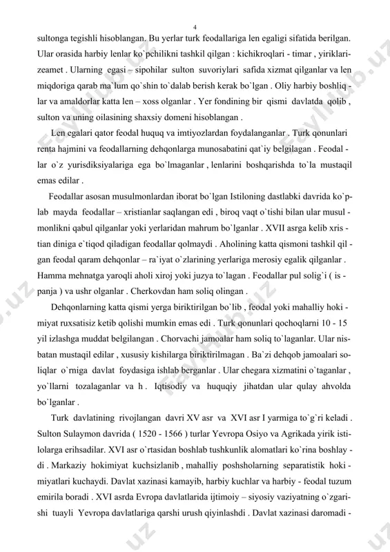 – xristianlar saqlangan edi , biroq vaqt o`tishi bilan ular musul - monlikni qabul qilganlar yoki yerlaridan mahrum bo`lganlar . xvii asrga kelib xris - tian diniga e`tiqod qiladigan feodallar qolmaydi . aholining katta qismoni tashkil qil - gan feodal qaram dehqonlar – ra`iyat o`zlarining yerlariga merosiy egalik qilganlar . hamma mehnatga yaroqli aholi xiroj yoki juzya to`lagan . feodallar pul solig`i ( is - panja ) va ushr olganlar . cherkovdan ham soliq olingan . dehqonlarning katta qismi yerga biriktirilgan bo`lib , feodal yoki mahalliy hoki - miyat ruxsatisiz ketib qolishi mumkin emas edi . turk qonunlari qochoqlarni 10 - 15 yil izlashga muddat belgilangan . chorvachi jamoalar ham soliq to`laganlar. ular nis- batan mustaqil edilar , xususiy kishilarga biriktirilmagan . ba`zi dehqob jamoalari so- liqlar o`rniga davlat foydasiga ishlab berganlar . ular chegara xizmatini o`taganlar , yo`llarni tozalaganlar va h . iqtisodiy va huquqiy jihatdan ular qulay ahvolda …