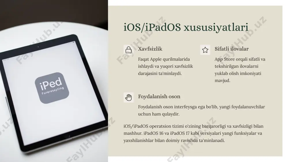 jlaringiz, ustuvorliklaringiz va byudjetingizni hisobga olish kerak. kelajakdagi dasturiy ta'minot tendensiyalari, masalan, sun'iy intellekt va kengaytirilgan reallik, planshetlar uchun yangi imkoniyatlarni yaratadi. ushbu taqdimot sizga planshetlar haqida ko'proq ma'lumot olishga yordam berdi degan umiddamiz. savollaringiz bo'lsa, biz bilan bog'lanishingiz mumkin. e'tiboringiz uchun rahmat! 11 quvnoq test planshetlar qanday operatsion tizimda ishlaydi windows android ios barchasi to’g’ri play market va app store nimaga xizmat qiladi dasturlarni yuklab olish uchun o‘yin o‘ynash uchun internetga ulanish uchun planshetda internetga qanday ulanish mumkin televizorga ulash orqali usb orqali wi-fi yoki mobil tarmoq orqali planshetda dasturlarni o‘chirish uchun nima qilinadi qurilmani o‘chirib yoqish kerak dasturni bosib, "o‘chirish" tugmasini tanlash dasturni yangilash kerak ekran qulfi nima uchun kerak planshetni o‘z-o‘zidan ishlashdan himoya qilish uchun wi-fi tezligini oshirish uchun tezda zaryadlash uchun planshetni zaryadlash uchun nima kerak usb fleshka quvvat banki zaryadlovchi qurilma va elektr toki planshetga antivirus dasturini o‘rnatish nima uchun kerak qurilmani zararli dasturlardan himoya …