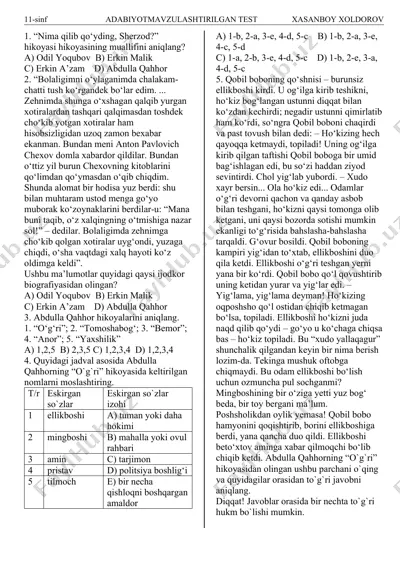 adabiyot mavzulashtirilgan test xasanboy xoldorov — DOCX
