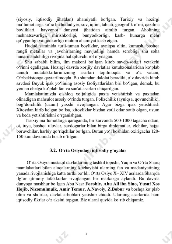xitoy, qirg‘iziston, o‘zbekiston, turkmaniston, kaspiy dengizi orqali ozarbayjon, qora dengiz orqali yevropa (parij, rotterdam)ga yetkazuvchi yo‘l loyihasi ishlab chiqildi va amalga oshirilmoqda. endi esa, moziyga qaytib, e’tiborni o‘rta osiyoning buyuk ipak yo‘li o‘rni va eksport potensialiga qaratsak. markaziy osiyoga, xususan, hozirgi o‘zbekiston hududiga qiziqish avvaldan ma’lum va bu har tomonlama (siyosiy, iqtisodiy jihatdan) ahamiyatli bo‘lgan. tarixiy va hozirgi ma’lumotlarga ko‘ra bu hudud yer, suv, iqlim, tabiati, geografik o‘rni, qazilma boyliklari, hayvonot dunyosi jihatidan ajralib turgan. aholining mehnatsevarligi, mirishkorligi, bunyodkorligi, kasb- hunarga mehr qo‘yganligi va ijodkorligi muhim ahamiyat kasb etgan. hudud zaminida turli-tuman boyliklar, ayniqsa oltin, kumush, boshqa rangli metallar va javohirlarning mavjudligi hamda serobligi shu soha hunarmandchiligi rivojida hal qiluvchi rol o‘ynagan. shu sababli bilim, ilm makoni bo‘lgan kitob savdo-sotig‘i yetakchi o‘rinni egallagan. hozirgi davrda xorijiy davlatlar kutubxonalaridan ko‘plab taniqli mutafakkirlarimizning asarlari topilmoqda va o‘z vatani, o‘zbekistonga qaytarilmoqda. bu shundan dalolat beradiki, o‘z davrida kitob savdosi buyuk ipak yo‘lining asosiy …