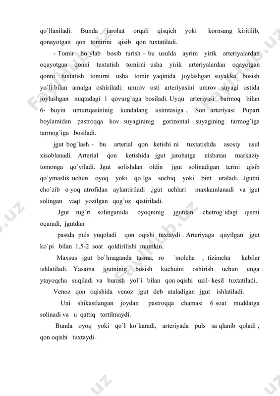 fizilogik eritmani qullash- 60-80 %gacha qizdirilgan eritmaga xullangan salfetka qonayotgan soxaga bir necha minutga quyiladi. kimyoviy usullar :- tomirlarni toraytiradigan preparatlar 0.1 % li adrenalin preparati maxalliy yoki parenteral ish-di. -qonning ivish xususiyatini oshiradigan preparatlar- vodorod peroksid, kalsiy xlorid, aminokapron kislotasi va vikasol ish-di. biologik usullar: - gemostatik vositalarni ot zardobi,gemostatik bulut , fabrin pardasi kabilardan foydalaniladi. -gemostatik vositalarni venaga qo`llash – qon , plazma, gemofobin, antigemofil globulin va antimofil plazma, fibrinogen va boshqalardan kichik dozalarda bo`lib- bo`lib quyiladi. qon gruppasini aniqlash odamda qonnning 4 guruhi uchraydi: - birinchi guruh-0(1) eretrotsitlarda aglyutinogenlar yo`q (0 zardobda esa 2 ta aglyutenin alfa va betta bor. - ikkinchi guruh - a (ii) eretrotsitlarda agglyutinogen (a) zardobda esa agglyutin beta bor. -uchinchi guruh – b (iii) eretrotsitlarda agglyutinogen b, zardobda esa agglyutinin alfa bor. - to`rtinchi guruh – ab (iv) eretrotsitlarda ikkala aglyutinogen a va b bor bioq zardobda agglyutininlar bo`lmaydi. qon guruhini standart …