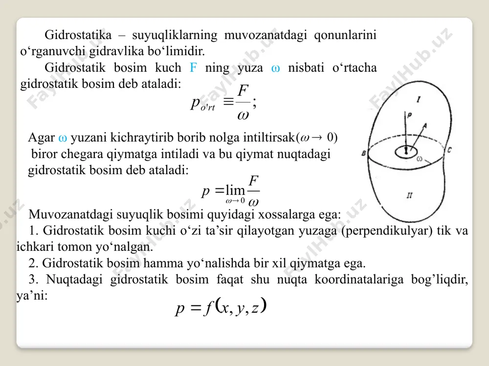 yerda:z1 – ixtiyoriy nuqtaning koordinatasi; pа – ixtiyoriy nuqtadagi bosim; z2 – suyuqlik sathining koordinatasi; p0 – suyuqlik erkin sirti dagi bosim bo‘lib, tashqi bosim deb yuriti­ladi. yuqoridagi tenglamadan ixtiyoriy nuqtadagi bosim quyidagicha aniqlanadi: z2 – z1 = h deb belgilab, bu yerda: pa – ixtiyoriy nuqtadagi bosim, yoki absolyut bosim deyiladi; р0 – tashqi bosim; - og'irlik bosimi. formulaga ixtiyoriy nuqtadagi bosimni aniqlash formulasi deyiladi. agar ixtiyoriy а nuqtaga pyezometr (pyezometr – bosim o‘lchaydigan as­bob) ulasak, pyezometrda ko‘tarilgan suyuqlik balandligi pyezometrik balandlik deyiladi va quyidagicha aniqlanadi: bu yerda: pa – atmosfera bosimi bo‘lib, amaliy ishlarda miqdori 1 at yoki 105 pa deb qabul qilinadi. manometrik va vakuummetrik bosimlar amaliyotda bosimni xarakterlash uchun manometrik va vakuummetrik bo­sim tushunchalaridan foydalaniladi. agar ixtiyoriy nuqtadagi bosim, atmosfera bosimidan yuqori bo‘lsa ра>ра, atmosfera bosimidan yuqori bo‘lgan qismiga manometrik bosim deyiladi va quyidagicha hisoblanadi: bu yerda: рм – manometrik bosim; ра – atmosfera bosimi manometrlar …
