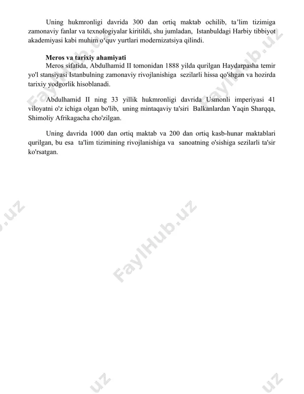 ilib, taxminan 1000 dan ortiq yangi pochta boʻlimi ochildi, bu esa uzoq masofali aloqani yaxshilash va maʼlumot almashinuvini tezlashtirishga yordam berdi. uning hukmronligi davrida 300 dan ortiq maktab ochilib, taʼlim tizimiga zamonaviy fanlar va texnologiyalar kiritildi, shu jumladan, istanbuldagi harbiy tibbiyot akademiyasi kabi muhim oʻquv yurtlari modernizatsiya qilindi. meros va tarixiy ahamiyati meros sifatida, abdulhamid ii tomonidan 1888 yilda qurilgan haydarpasha temir yo'l stansiyasi istanbulning zamonaviy rivojlanishiga sezilarli hissa qo'shgan va hozirda tarixiy yodgorlik hisoblanadi. abdulhamid ii ning 33 yillik hukmronligi davrida usmonli imperiyasi 41 viloyatni o'z ichiga olgan bo'lib, uning mintaqaviy ta'siri balkanlardan yaqin sharqqa, shimoliy afrikagacha cho'zilgan. uning davrida 1000 dan ortiq maktab va 200 dan ortiq kasb-hunar maktablari qurilgan, bu esa ta'lim tizimining rivojlanishiga va sanoatning o'sishiga sezilarli ta'sir ko'rsatgan. 📌xulosa абдулхамид ii ning hikoyasi zulm va adolatsizlik, buyuklik va qulash, muvaffaqiyatsizlik va qahramonlikning murakkab aralashmasini ko'rsatadi. uning hukmronligi usmonli imperiyasi uchun ham fojiali, ham muhim davr …