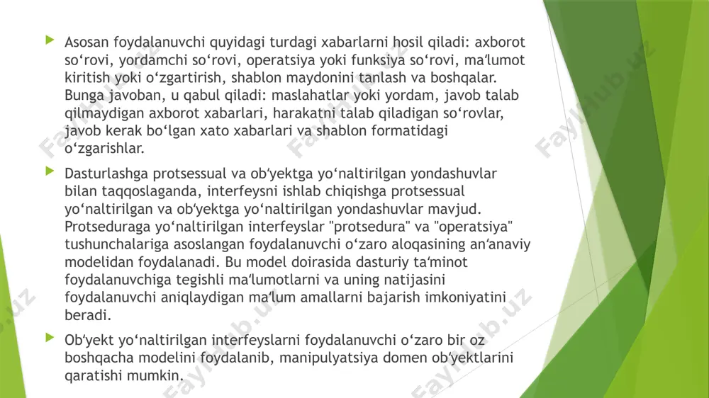 im metodlardan foydalangan bo‘lsa, u holda metodlar tizimning boshqa qismida bir xil bo‘lishi kerak. shuningdek, interfeys orqali tizim bilan ishlash o‘rnatilgan, doimiy, qulay meʻyorlarga (masalan, enter klavishidan foydalanish) mos kelishi kerak. 3. ortiqchalilik. bu foydalanuvchi faoliyat yoki tizimini boshqarish uchun faqat minimal maʻlumot kiritish kerak degan maʻnoni anglatadi. masalan, foydalanuvchi ahamiyatsiz sonlarni kiritmasligi kerak (00010 o‘rniga 10). xuddi shunday, foydalanuvchi oldindan kiritilgan yoki avtomatik ravishda tizimdan olinishi mumkin bo‘lgan maʻlumotlarni kiritishni talab qila olmaydi. axborot kiritish jarayonini kamaytirish uchun iloji boricha standart qiymatlardan foydalanish tavsiya etiladi. 4. yordam tizimiga to‘g‘ridan-to‘g‘ri kirish. ish vaqtida tizim foydalanuvchiga kerakli ko‘rsatmalar berishi kerak bo‘ladi. yordam tizimi uchta asosiy jihatga javob beradi: taqdim etilgan buyruqlar sifati va miqdori; xato xabarlarining tabiati va tizimning nima qilayotganini tasdiqlash. xato xabarlari foydalanuvchi uchun foydali va tushunarli bo‘lishi kerak. shu bilan birga, bu savollarga foydalanuvchilar uchun imkon qadar muloyim va tushunarli bo‘lgan tilda javob berishi kerak. 5. moslashuvchanlik. tizim …
