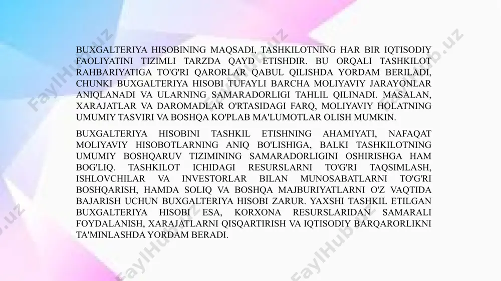 hirilishi va tasdiqlanishi kerak. buxgalteriya hisobining tamoyillari tashkilotning moliyaviy holatini samarali tahlil qilish va boshqarish uchun zarur bo'lgan asosiy printsiplardir. bu tamoyillar nafaqat buxgalteriya hisobining to'g'riligini ta'minlaydi, balki barcha moliyaviy operatsiyalarni aniq va ishonchli tarzda amalga oshirishga imkon beradi. birinchi tamoyil, buxgalteriya hisobining davomiyligi tamoyili, tashkilotning moliyaviy holati va faoliyatini uzluksiz kuzatib borishni nazarda tutadi. har bir operatsiya va tranzaksiya muayyan davrda amalga oshiriladi, bu esa tashkilotning moliyaviy natijalarini doimiy ravishda tahlil qilish imkonini beradi. ikkinchi tamoyil — buxgalteriya hisobining yagona tizimi tamoyili. har bir moliyaviy operatsiya, mol-mulk va qarzlar yagona tizim asosida tasniflanadi va hisobotga kiritiladi. bu tamoyil aniq va izchil hisobotlarni ta'minlaydi. uchinchi tamoyil, mol-mulkning alohida hisoblanishi tamoyili, har bir aktiv va passiv alohida qayd etilishi kerakligini bildiradi. tashkilotning moliyaviy holati faqat shu tarzda to'liq aks ettiriladi. 3. banklarda buxgalteriya hisobining huquqiy asoslari banklarda buxgalteriya hisobining huquqiy asoslari banklarning moliyaviy faoliyatini tartibga solish va nazorat qilishda muhim o‘rin …