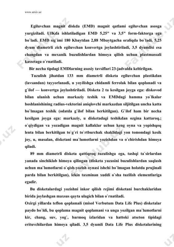 lus) disketalar paydo bo`ldi, bu qoplama magnit qoplamani va unga yozilgan ma`lumotlarni kir, chang, suv, yog`, barmoq izlaridan va hattoki atseton tipidagi еrituvchilardan himoya qiladi. 3,5 dyumli data life plus disketalarining imkoni bor sig`imi — 2,88 mbayt. rossiyada «vezdexod» nomi bilan tarqalgan «60 anywhere» disketalarini ham еslatib o`tish kerak — ular ham turli xil tashqi tasirlarga: harorat, namlik, changlanganlikka, chidamlilikka еgadir. har bir disketa bilan ishlashning boshlanishida uni formatlash kerak. disketani formatlash — bu uning yuzasiga ma`lumotlarni yozish strukturasini yaratishdir: yo`lkalarni, sektorlarni belgilash, markerlarni va boshqa ish ma`lumotlarini yozish. formatlashning mumkin bo`lgan varianti disketa tipiga bog`liqdir (uning konvertiga qo`yiladigan belgilar) : — ss/sd — bir tomonlama (single sides), birlangan zichlikli (single density); — ss/dd — bir tomonlama, ikkilangan zichlikli (double density); — ds/sd — ikki tomonlama (double sides), birlangan zichlikli; — ds/dd — ikki tomonlama, ikkilangan zichlikli; —ds/hd — ikki tomonlama, еng katta sig`imni ta`minlaydigan yuqori zichlikli (high density). disketa …