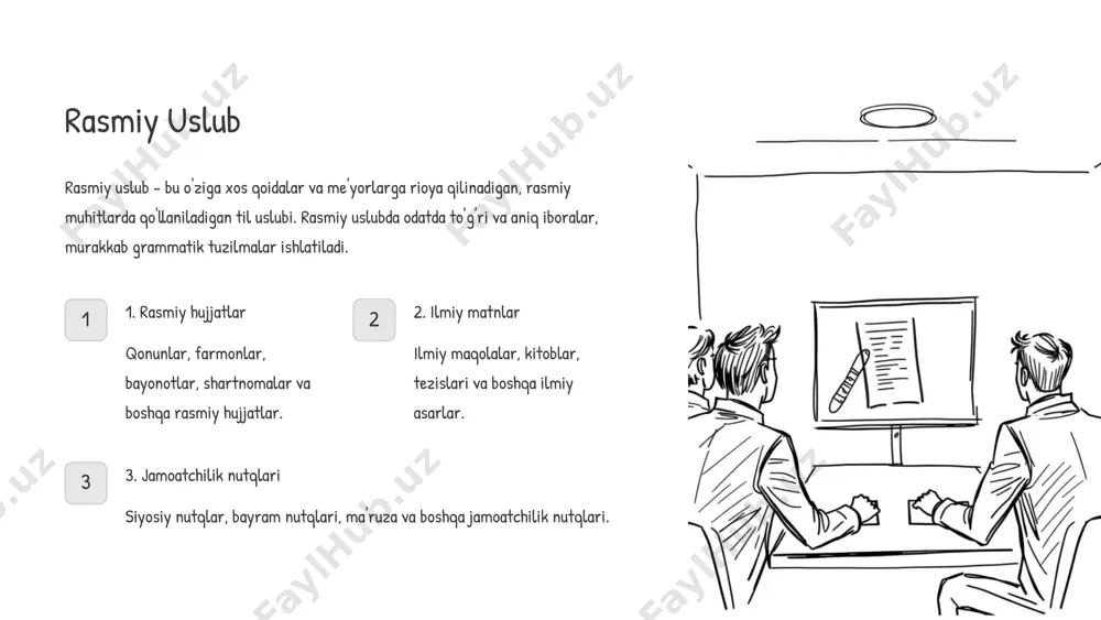 orda, maqollarda, hikoyalarda, qo'shiqlarda, raqslar va boshqa an'anaviy san'atlarda qo'llaniladigan til uslubi. 1 xalq og'zaki ijod maqol, matal, hikoya, qo'shiq, raqslar. 2 an'analar bayramlar, to'ylar, marosimlar. 3 madaniyat xalqning tarixi, urf-odatlari, qadriyatlari. 8 nutq uslubining o'zaro farqi nutq uslublari o'zaro farq qiladi va ularni to'g'ri tanlash va qo'llash muhim. har bir uslub muayyan muloqot sharoitiga, maqsad va vazifaga moslashadi. 1 maqsad va vazifa har bir uslubning o'ziga xos maqsadi va vazifasi mavjud. 2 tinglovchi yoki o'quvchi ularning xususiyatlari va bilimlariga qarab uslub tanlanadi. 3 tilning xususiyatlari so'zlarning tanlanishi, grammatik tuzilmalar, intonatsiya va boshqalar. 9 nutq uslublaridan to'g'ri foydalanish nutq uslublaridan to'g'ri foydalanish muloqotning samarasini oshiradi, tushunish va muloqotda muvaffaqiyatga erishishga yordam beradi. 1 vaziyatni tahlil qilish muloqotning sharoiti, maqsadi, tinglovchi yoki o'quvchining xususiyatlari. 2 ustunliklarni bilish har bir uslubning kuchli tomonlari va kamchiliklarini bilish. 3 moslashuvchanlik vaziyatga qarab uslubni o'zgartirish, moslashuvchanlikni namoyon qilish. 10 image1.png image2.png image3.png image4.png image5.png image6.png …