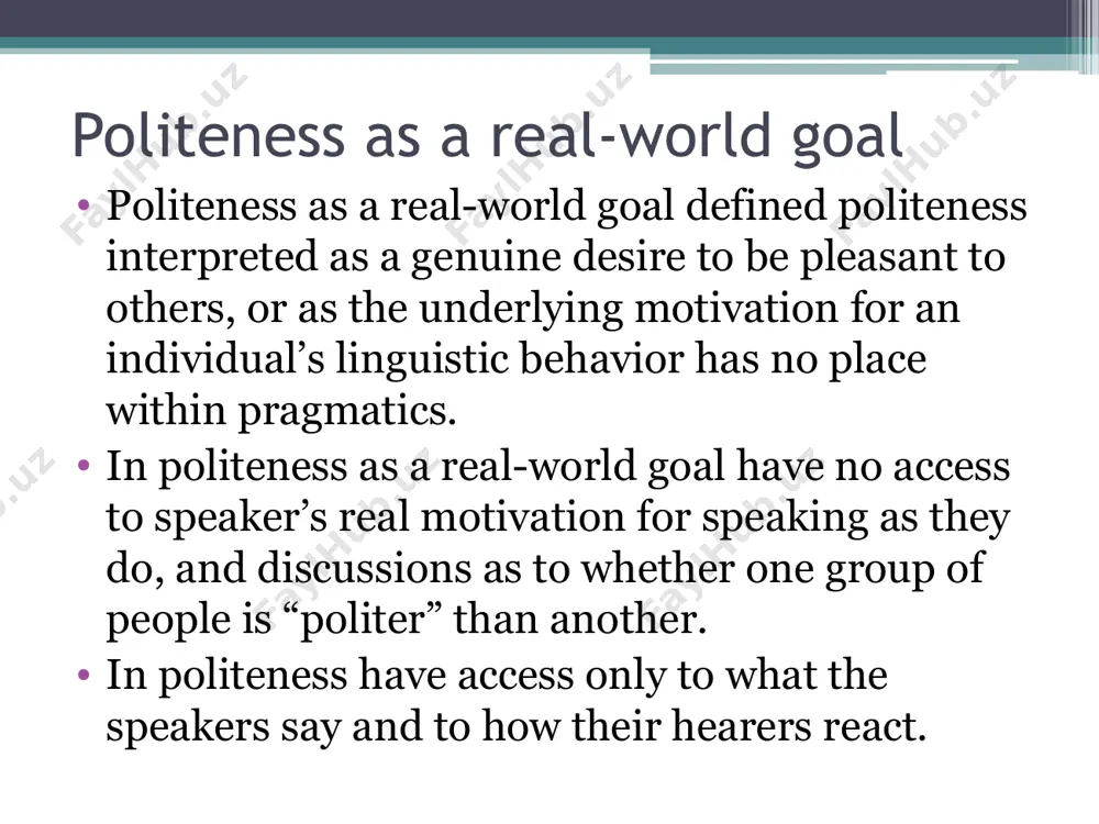 ple are so often indirect in conveying what they mean. he thus puts forward pp so as to rescue the cp in the sense that pp can satisfactorily explain exception to and apparent deviations from the cp. by employing an utterance which is ambivalent (i.e. one which has more than one potential pragmatics force), it is possible to convey messages which the hearer is liable to find disagreeable without causing undue offence. the pragmatic force will be ambivalent and it is left to the readers to decide (a) what the precise force of the message is and (b) whether or not it applies to them. ambivalent and politeness example: if you want to enjoy the full flavour of your food and drink you will, naturally, not smoke during the meal. moreover, if you did smoke you would also be impairing enjoyment of other guests. at a very expensive gourmet restaurant, …
