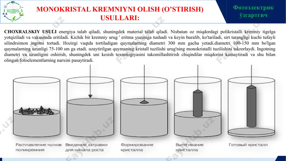 punkti keladi, bu yerda xodimlar panelning yetarlicha pishirilganligini tekshiradilar va gelning yopishqoqligini aniqlaydilar. agar sinovdan yaxshi o‘tsa, u holda panel vaqt o‘tishi bilan bir-biridan ajrab ketmaydi va kafolat muddati davomida yaxshi xizmat qiladi. фотоэлектрик ўзгартгич akkumulyator (akkumulyatorlar batareyasi) – elektr energiyasini to’plavchi (saqlovchi) qurilma. akkumulyatorlar batareyasi sig’imi (amper·soat, a·s) (ампер∙ час, а ∙ ч) ruxsat etilgan razradlanish darajadi –akkumulator to’liq zaryadining razrayadlash mumkin bo’lgan darajasi. fotovoltaikada ishlatiladigan akkumulyator turlalri: kislota-qo’rg’oshinli batareyalar– elektr energiyasini kimyoviy energiyaga aylantirib energiyani saqlab turadi. energiyasini sarflashda esa aksincha jarayon amalga oshiriladi. фотоэлектрик ўзгартгич кислотно-свинцовая аккумуляторная батарея фотоэлектрик ўзгартгич кислотно-свинцовая аккумуляторная батарея фотоэлектрик ўзгартгич кислотно-свинцовая аккумуляторная батарея gelli akkumulyatorlar – tarkibida kremniyli birikma mavjud bo’lgani uchun elektrolit gel holatida bo’ladi ishqoriy akkumulyatorlar - energiyani rux metalli va marganets dioksidi orasidagi reaktsiyadan oladigan birlamchi akkumulyator turi. фотоэлектрик ўзгартгич fotoeffekt қайта тикланувчи энергия манбалари эътиборингиз учун раҳмат! маърузачи: дилшод қодиров техника фанлари доктори kodirov.dilshod@gmail.com d.kodirov@tiiame.uz image1.png image2.png image3.png …