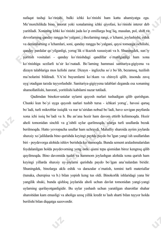 siq bo`ladi va h. bu an’ana hozir ham davom ettirib kelinmoqda. hozir aholi tomonidan sinchli va g`ishtli uylar qurilmoqda, ularga turli usullarda bezak berilmoqda. hatto yevropacha usullar ham uchraydi. mahalliy sharoida ayrim joylarda shaxsiy xo`jalildarda bino qurishda keyingi paytda paydo bo`lgan yangi ish usullaridan biri - poydevorga alohida ishlov berishda ko`rinmoqda. bunda sement aralashmalaridan foydalanilgan holda poydevorning yeng ostki qismi tepa qismidan biroz kengroq qilib quyilmoqda. bino davomida tualet va hammom joylashgan alohida xona qurish ham keyingi yillarda shaxsiy uy-joylarni qurishda paydo bo`lgan ana’nalardan biridir. shuningdek, binolarga akfa eshik va darazalar o`rnatish, tomini turli materiallar (tunuka, cherepisa va b.) bilan yopish keng tus oldi. binokorlik ishlaridagi yana bir yangilik shuki, bunda qishloq joylarida aholi uchun davlat tomonidan yangi-yangi uylarning qurilayotganligidir. bu uylar yashash uchun yaratilgan sharoitlar shahar sharoitidan kam emasligi va aholiga uzoq yillik kredit to`lash sharti bilan tayyor holda berilishi bilan diqqatga sazovordir. xona va fanlar bo`yicha o`quv xonalaridan …