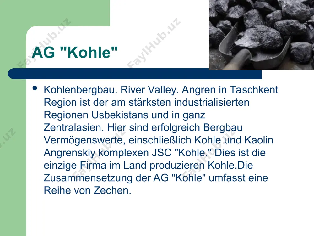 ihrer anreicherung abgebaut voll auf die bedürfnisse nicht nur der republik, sondern auch um diese art von materialien zu exportieren. gehen sie auf die wichtigsten konsumenten der republik kaolinlagerstätten angren sowie bau auf ihrer grundlage neuer anlagen, einschließlich der herstellung von feuerfesten materialien, sanitärkeramik porzellan und keramik vollständig aufzugeben die einfuhr von rohstoffen aus anderen ländern. auf der grundlage der mine shargun "brikettfabrik design kapazität von 200 tausend tonnen briketts gebaut. als bindemittel bei der herstellung von briketts für ähnliche bedingungen der traditionellen technik mit bitumen verwendet. boysun kohle, aufgrund seiner hohen qualität, kann als wertvoller chemischer rohstoff (koksobrikety, adsorbentien, flüssiger kraftstoff, etc.) verwendet werden. vier thermische kraftwerke haben eine kapazität von 1000 mw.diese syrdaryo tpp new angren tpp tpp taschkent, navoi tpp. under construction in der größten macht in zentralasien werk tolimarjon design kapazität von 3200 mw. wasserkraft ist mit 28 wasserkraftwerken vertreten, von denen das größte charvak hpp …